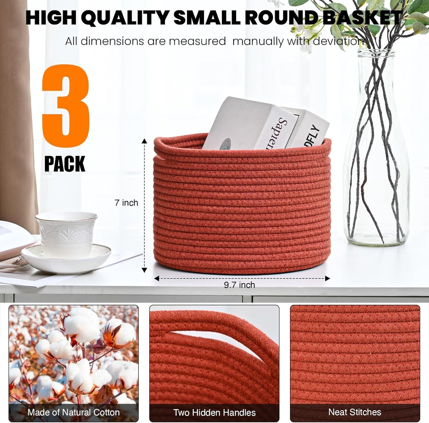 Small Storage Baskets for Organizing, Organizer Bins for Shelves, Small Woven Baskets for Storage, Red Baskets for Gifts, Organization Bins, Baskets for Decor, 9.7"×9.7"×7" (3 Packs) Brick Red