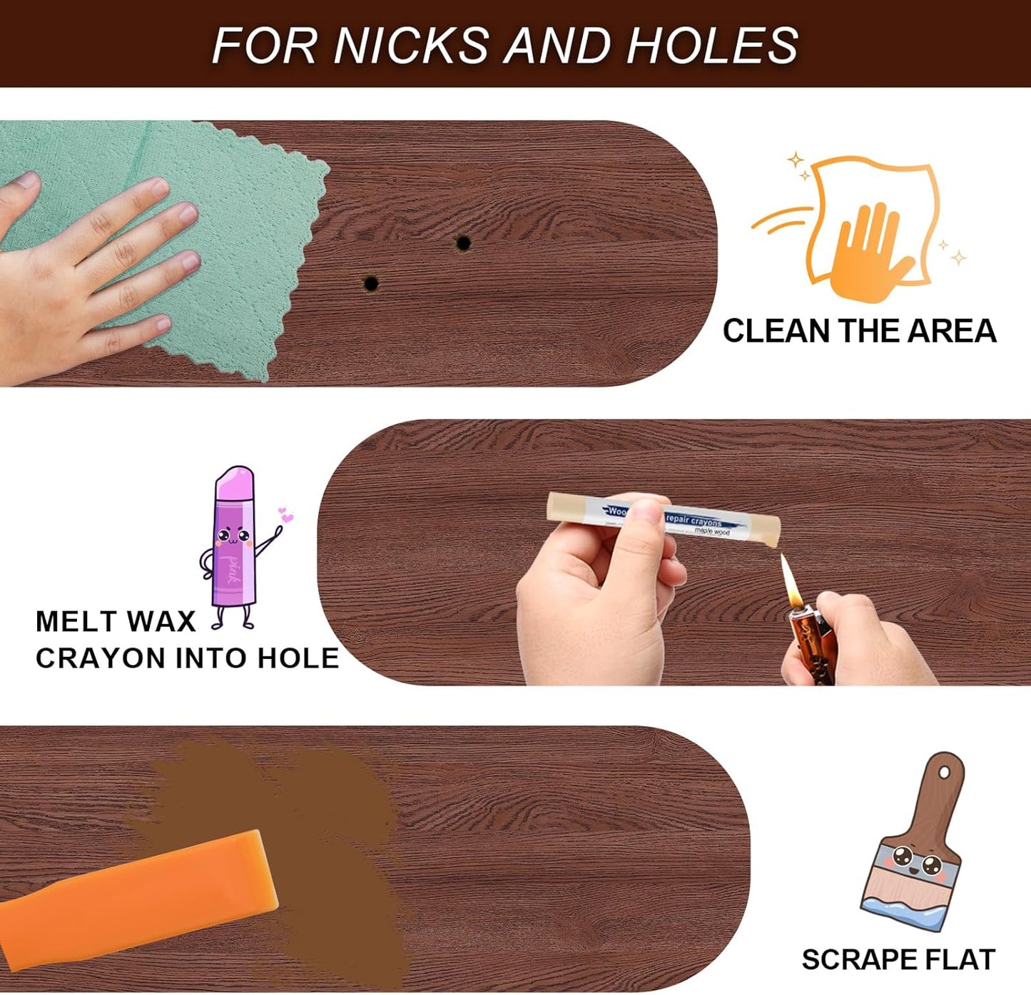 Wood Filler Sticks with 1P Box, 1P Knife, 1P Scraper and 1P Rag, Pletpet 10 Colors Furniture Crayon Touch Up Wood Filler Nail Hole Wax Sticks for Repairing Scratches and Nail Holes (10p)