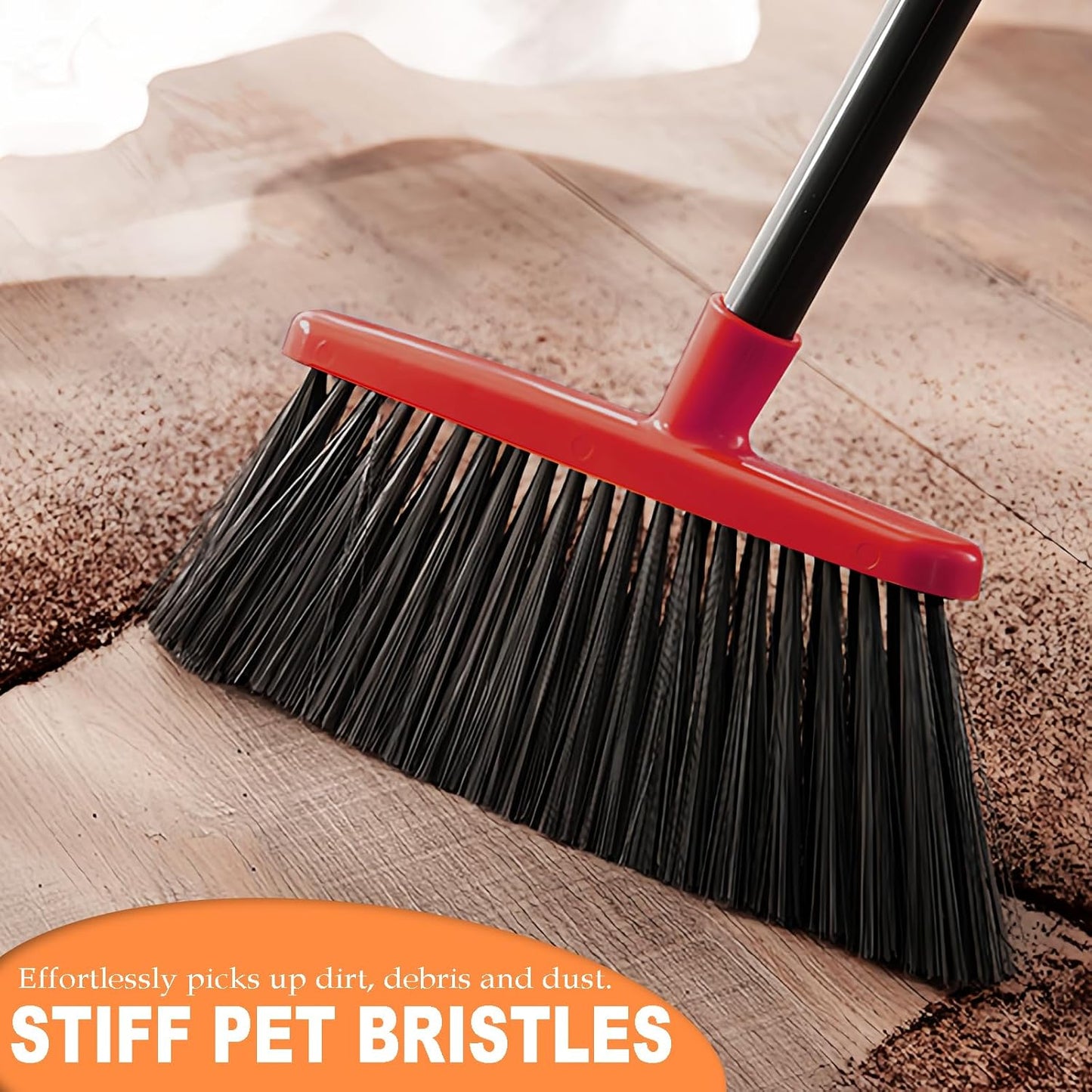 Small Broom Stiff Bristles Brush with Long Handle Indoor or Outdoor Compact Broom for Sweeping Patio Garage Garden,Deck,Concrete Floor,Bathroom (Red)