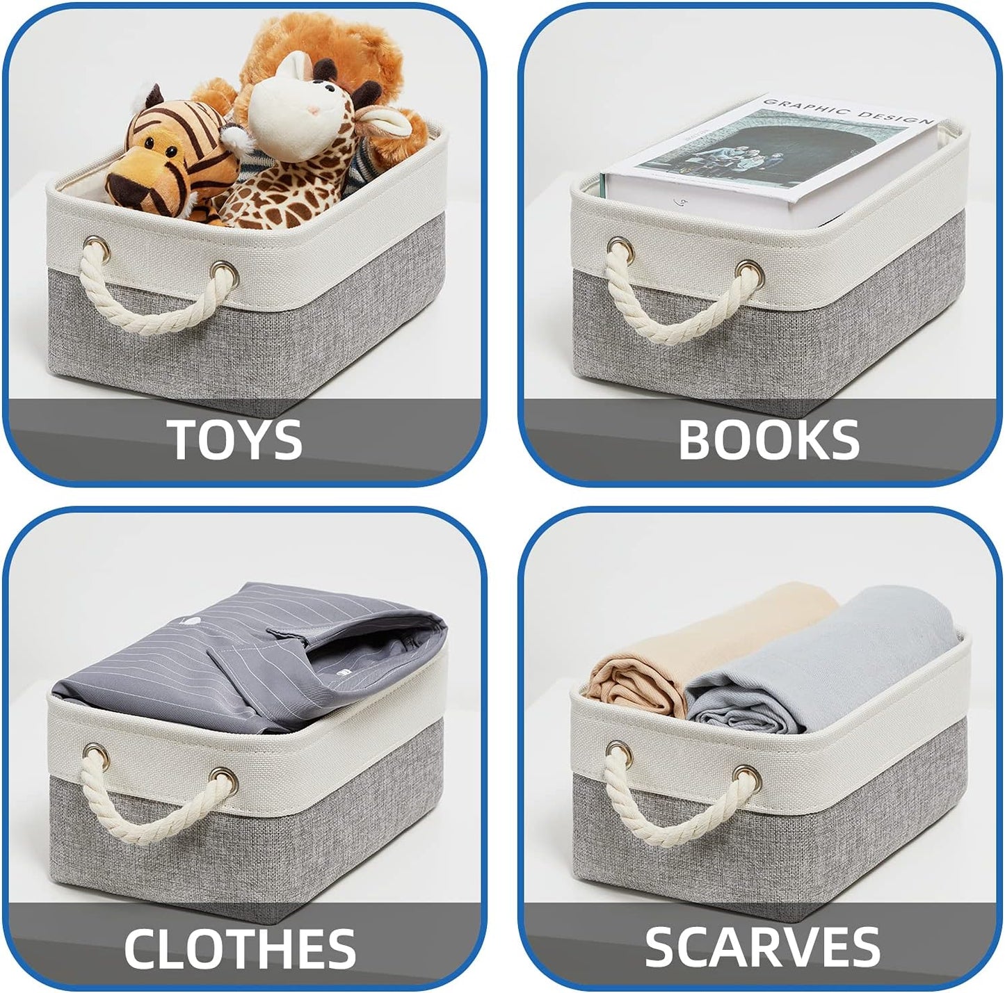 Temary Small Storage Baskets for Organizing 6Pcs Small Storage Bins, Decorative Collapsible Fabric Gift Baskets Empty for Home (White&Grey,11.8L x 7.9W x 5.3H inches)