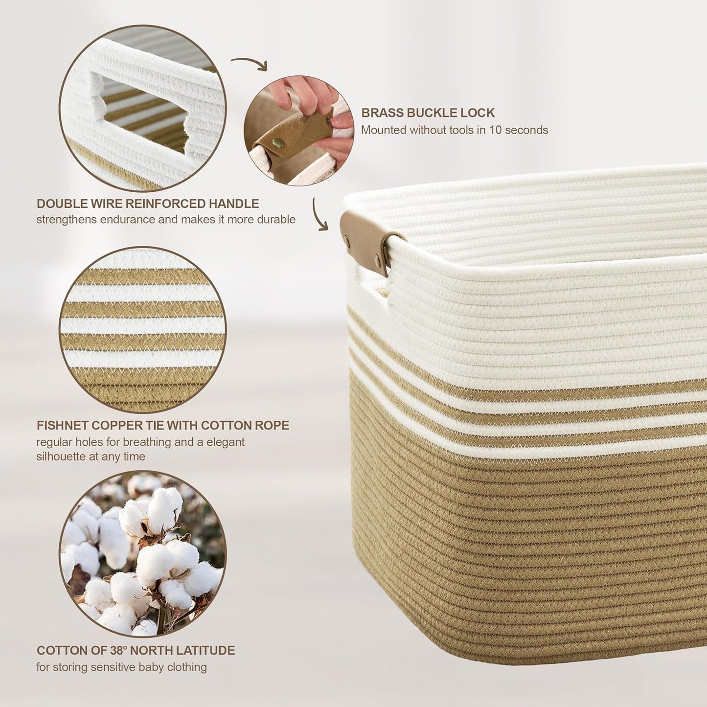 45L Small Laundry Basket with Leather Handles for Living Room Storage, Woven Rope Baskets Bin for Blanket, Kids Toy, Gifts, Wicker Hamper for Bedroom Dirty Clothes, 18"x14"x11" Khaki