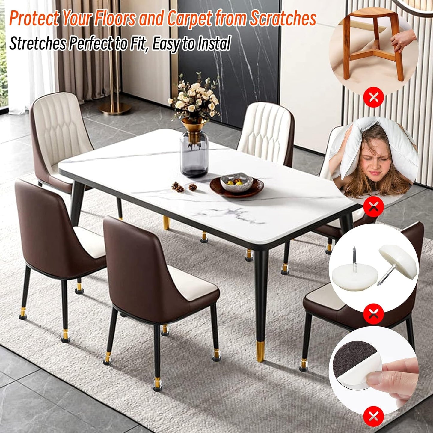 Ezprotekt 24 Pcs Extra Small Clear Chair Leg Sliders for Carpet, Round Teflon Furniture Pads for Rug Glides Easily Without Scratches - for Table, Couch, Patio Chair Legs (S Fit: 0.55" to 0.75")