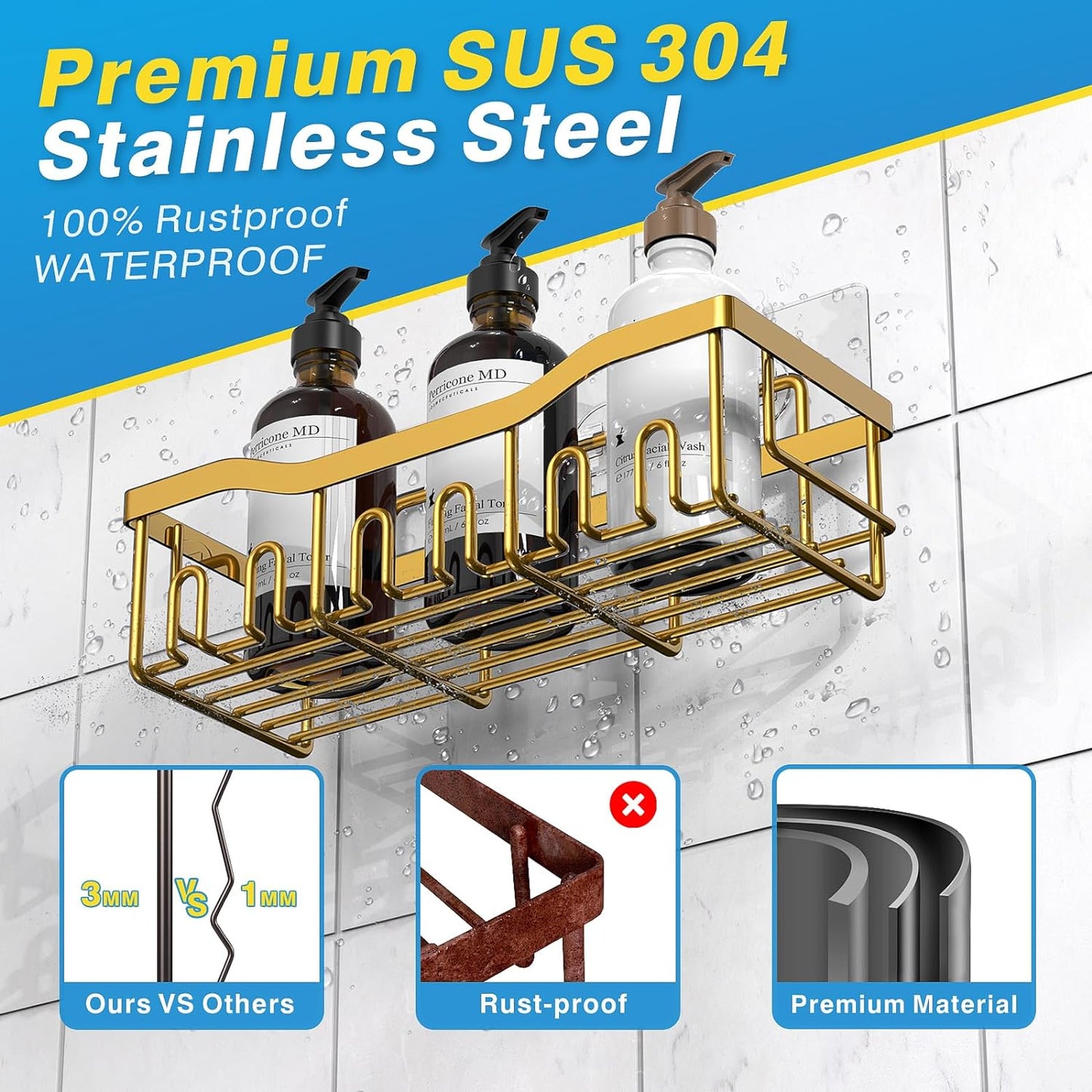 EUDELE 5-Pack Rustproof Stainless Steel Shower Caddy – No Drill Adhesive Bathroom Organizer with Large Capacity, Spacious Shower Shelves for Inside Shower, Kitchen & Home Decor Storage-XL Size