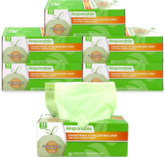 Responsible Products Kitchen Bin Liners, Certified Compostable, Heavy Duty Multipurpose Food Scrap Bags, Made from Compostable Materials (13 Gallon, 13 Gallon (120 Count))