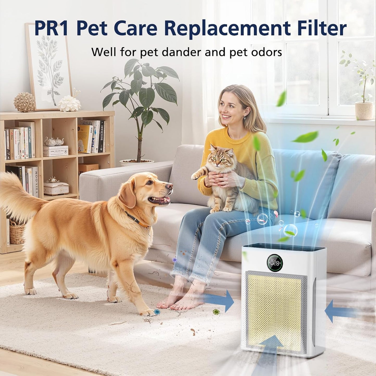 PR1 Replacement Filter for Mooka PR1 Air Purifier for Home Large Room up to 2200sq.ft, 2 Pack 3-in-1 HEPA Activated Carbon, with 4Pcs Washable Filter for Pets，Yellow
