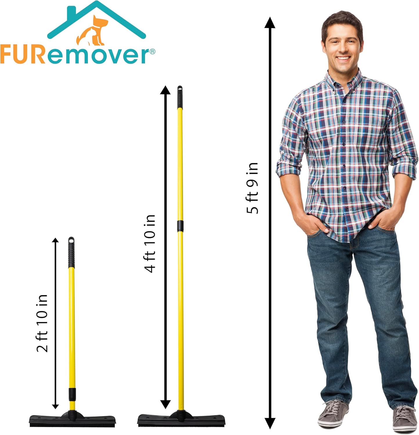 FURemover Original Pet Hair Rubber Broom with Squeegee, with 58" Telescopic Handle for Carpet, Tile and Hardwood