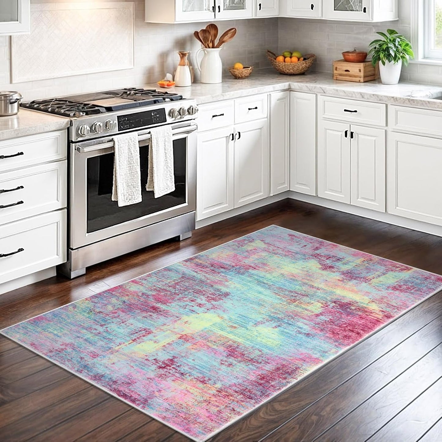 IOHOUZE Abstract Area Rug 3x5 Ft Washable Rugs for Entryway Indoor, Non Slip Kitchen Rug Printed Faux Wool Throw Rugs, Indoor Door Mat for Door Entrance Foyer Living Room, Pink Teal