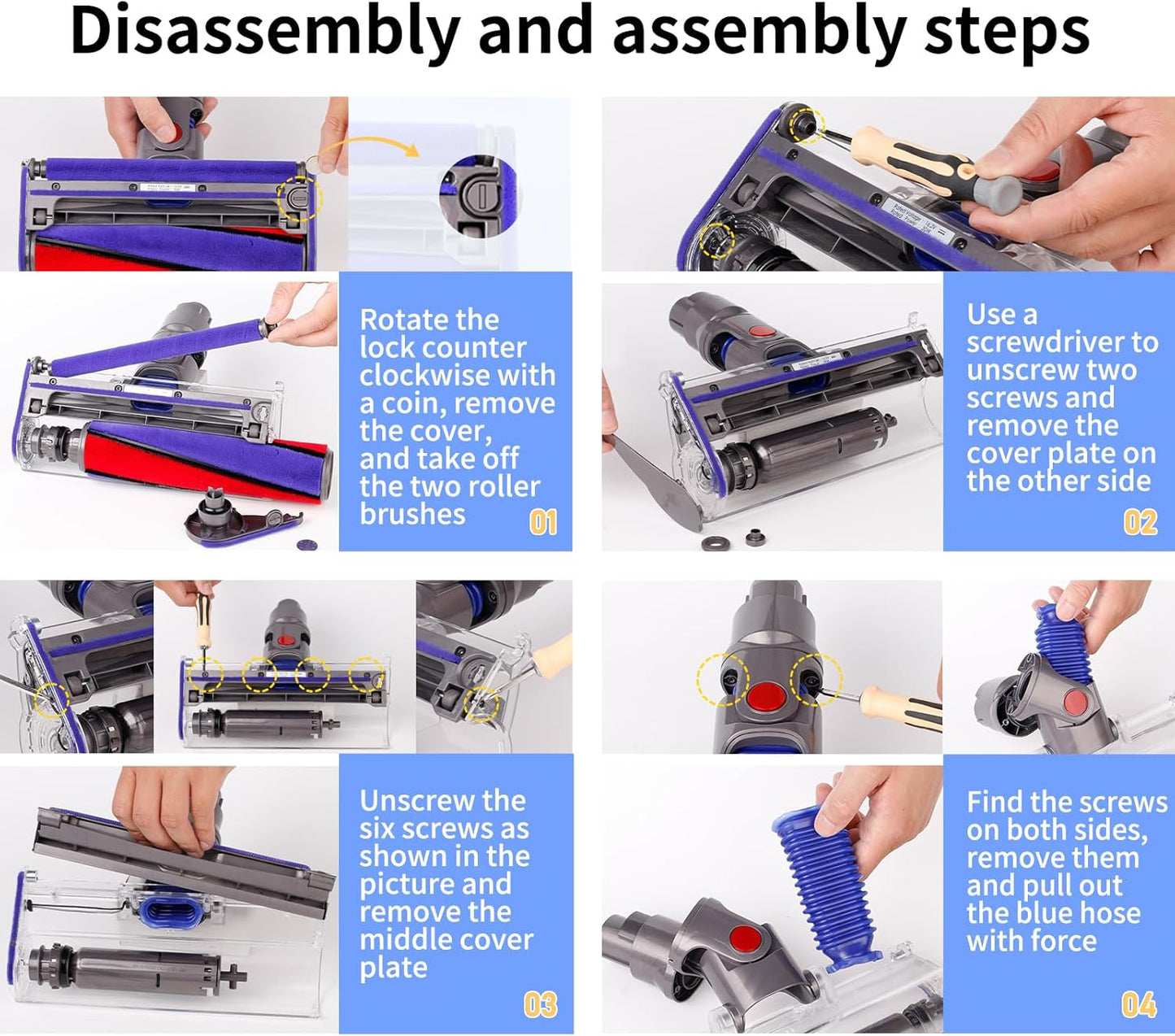 2 Pack Vacuum Lower Duct Hose Kit Compatible with Dyson V6,V7,V8,V10,V11,V15 Soft Roller Cleaner Head,Vacuum Attachment Replacement Parts for Home Cleaning, 1 Set Screwdrivers, 1 Clean Brush
