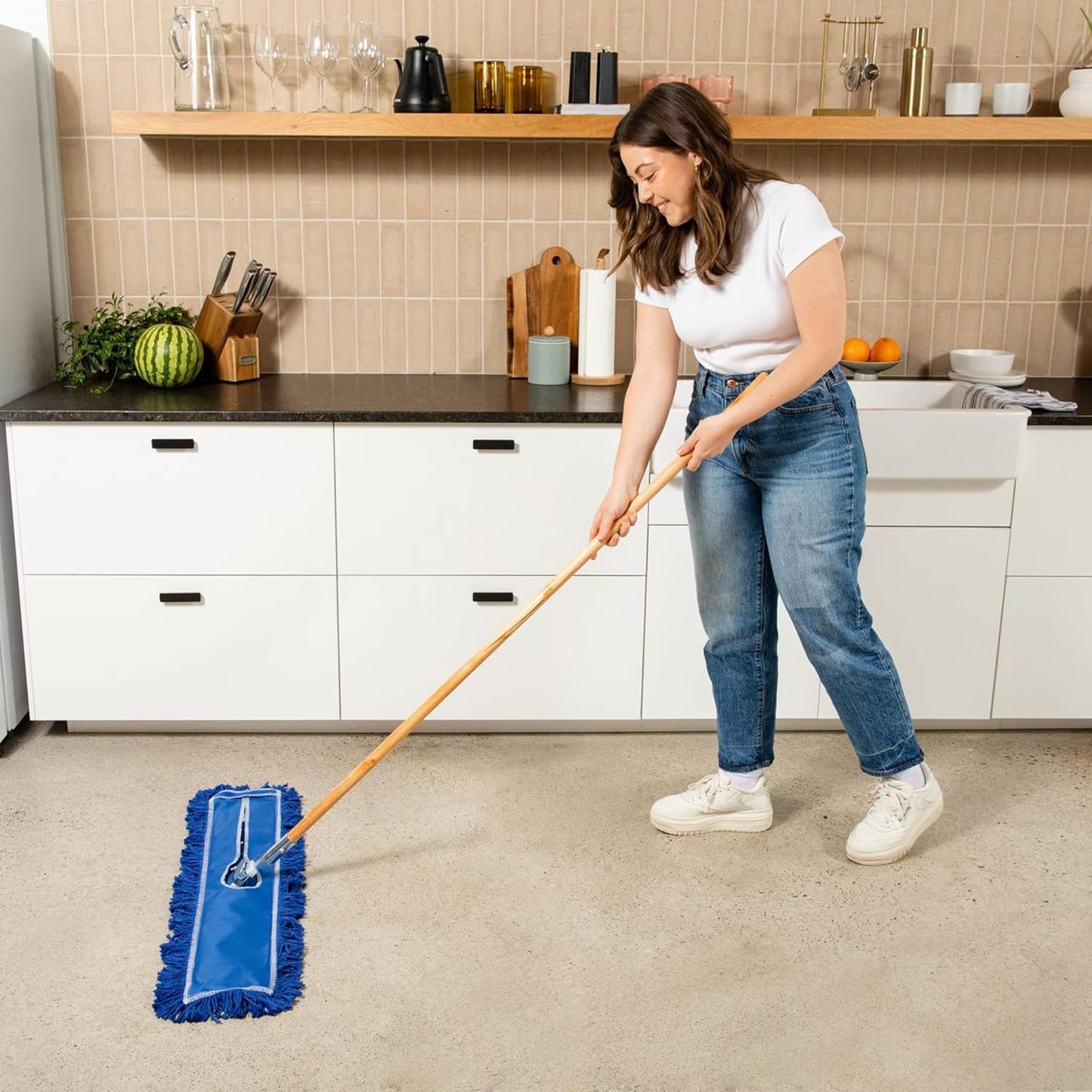 36 Inch Blue Commercial Dust Mop & Floor Sweeper – Wood Handle Floor Mop for Tile, Hardwood & Concrete