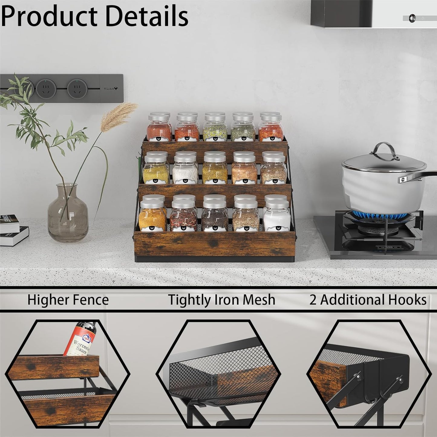 3 Tier Foldable Spice Rack Organizer for Countertop, Step Shelf with Spice Jars for Kitchen Cabinet Drawers Seasoning Rustic Wooden Spice Holder for Home, Cupboard or Door - 2PCS