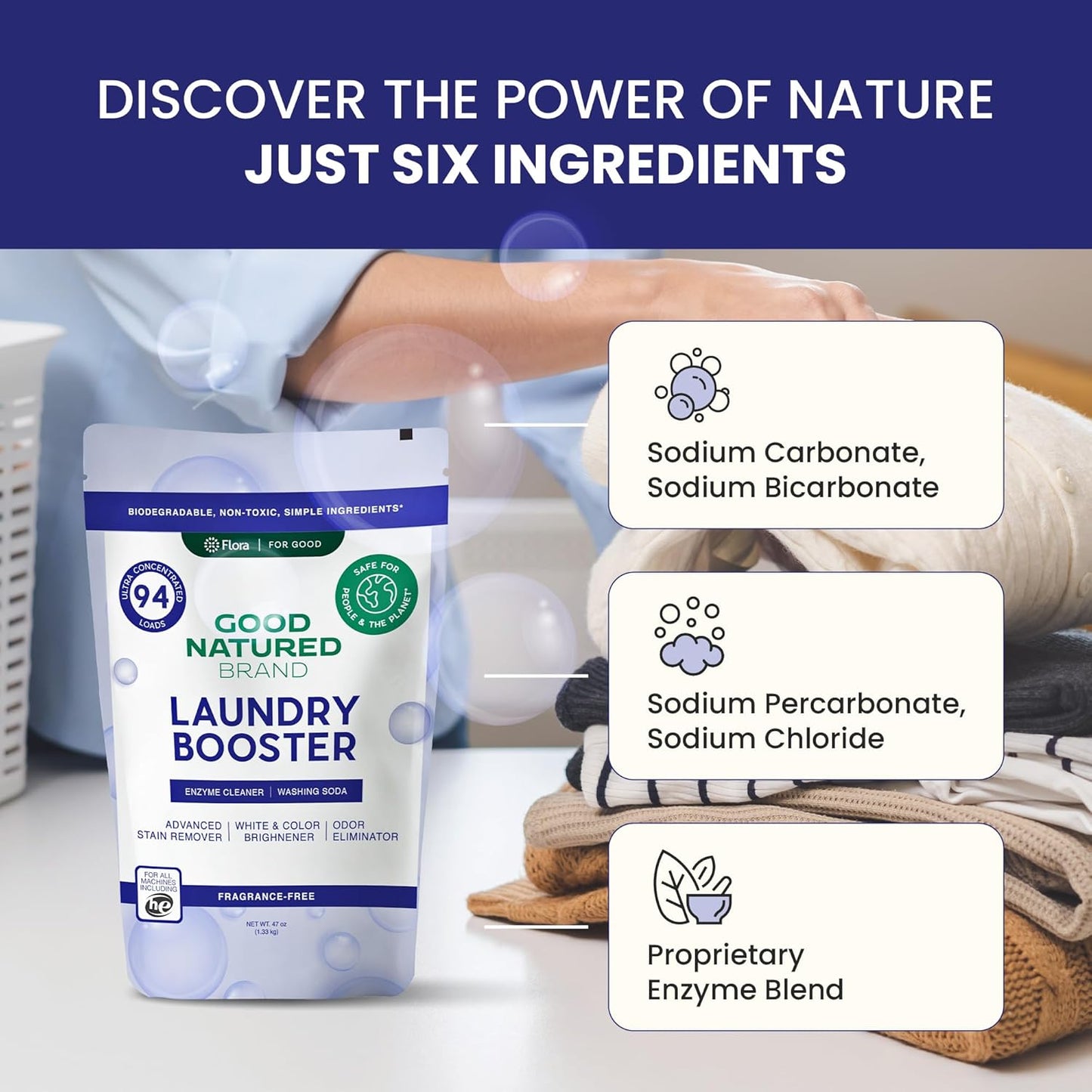 Good Natured Brand | Natural Enzyme Laundry Booster | Stain & Odor Remover | Hypoallergenic, Safe for Sensitive Skin | Eco-Friendly | Fragrance-Free | 47oz, 94 Loads