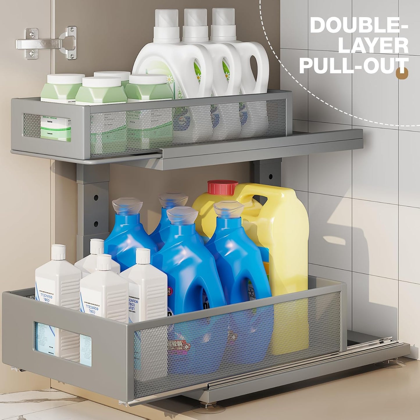 2 Pack 15.74IN-Depth Under Sink Organizer With Next-Gen Ball-Bearing Slides,2-Tier Pull Out Cabinet Storage,Height Adjustable Drawer Shelf for Bathroom,Kitchen,Laundry,Cabinet,Pantry-Gun Gray