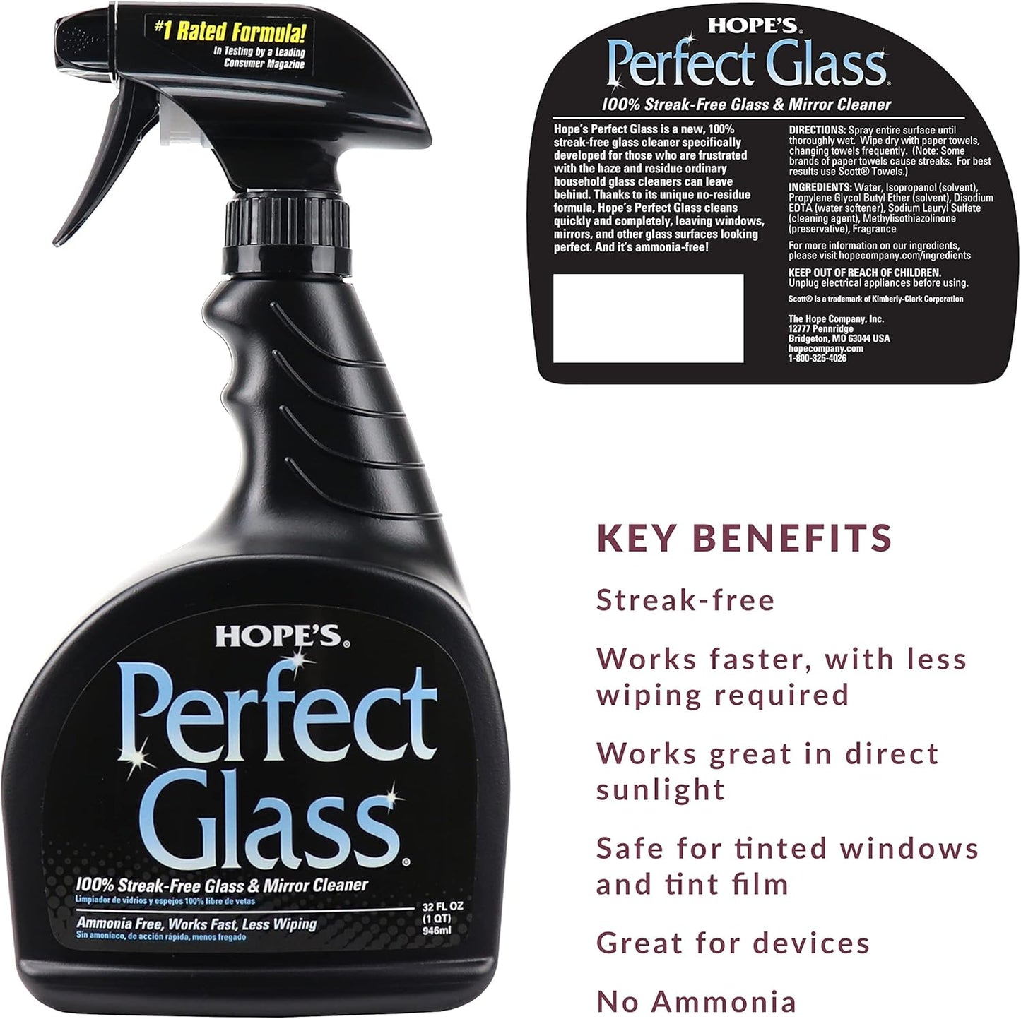 HOPE'S Perfect Glass Cleaner Spray, Streak-Free, Ammonia-Free Window, Mirror, Screen, Tinted Glass, and Shower Door Cleaner, Indoor and Outdoor Glass Surfaces, 32 Fl Oz, Pack of 6