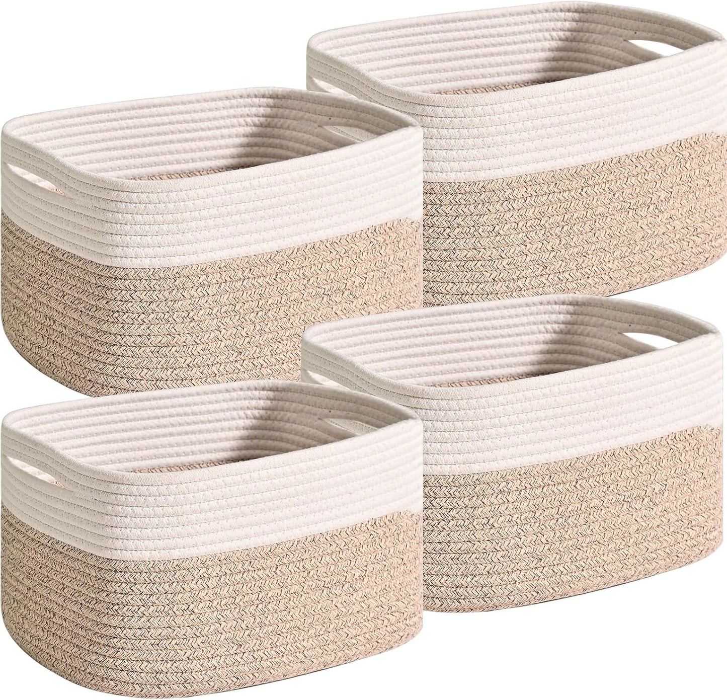 Small Storage Baskets for Organizing, Woven Storage Baskets for Shelves, Cotton Rope Basket for Storage, Cute Rectangular Book Toy Basket, 12.7"×9.1"×7.9", 4 Packs, Off White & Brown