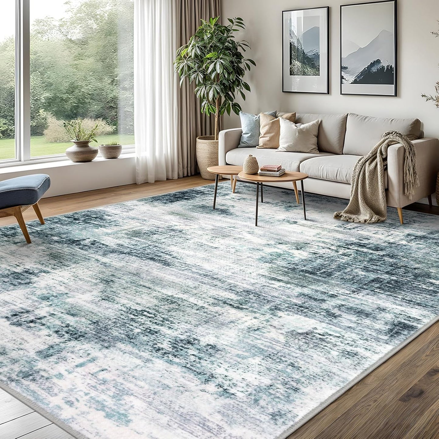 IOHOUZE Abstract Area Rugs 8x10 Ft Washable Large Rugs for Living Room, Non Slip Dining Room Rug, Printed Faux Wool Rug for Bedroom, Floor Carpet for Office Nursery Playroom, Sage Grey