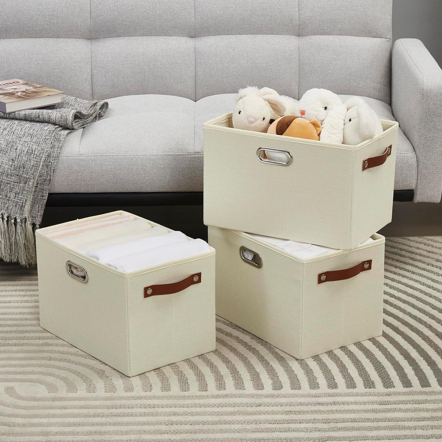 Large 3-Pack Foldable Fabric Storage Bins with Durable PU & Metal Handles, Collapsible Storage Baskets for Shelves, Home Storage, Closet Organizers, Living Room(14.9"x9.8"x9.8", Beige)