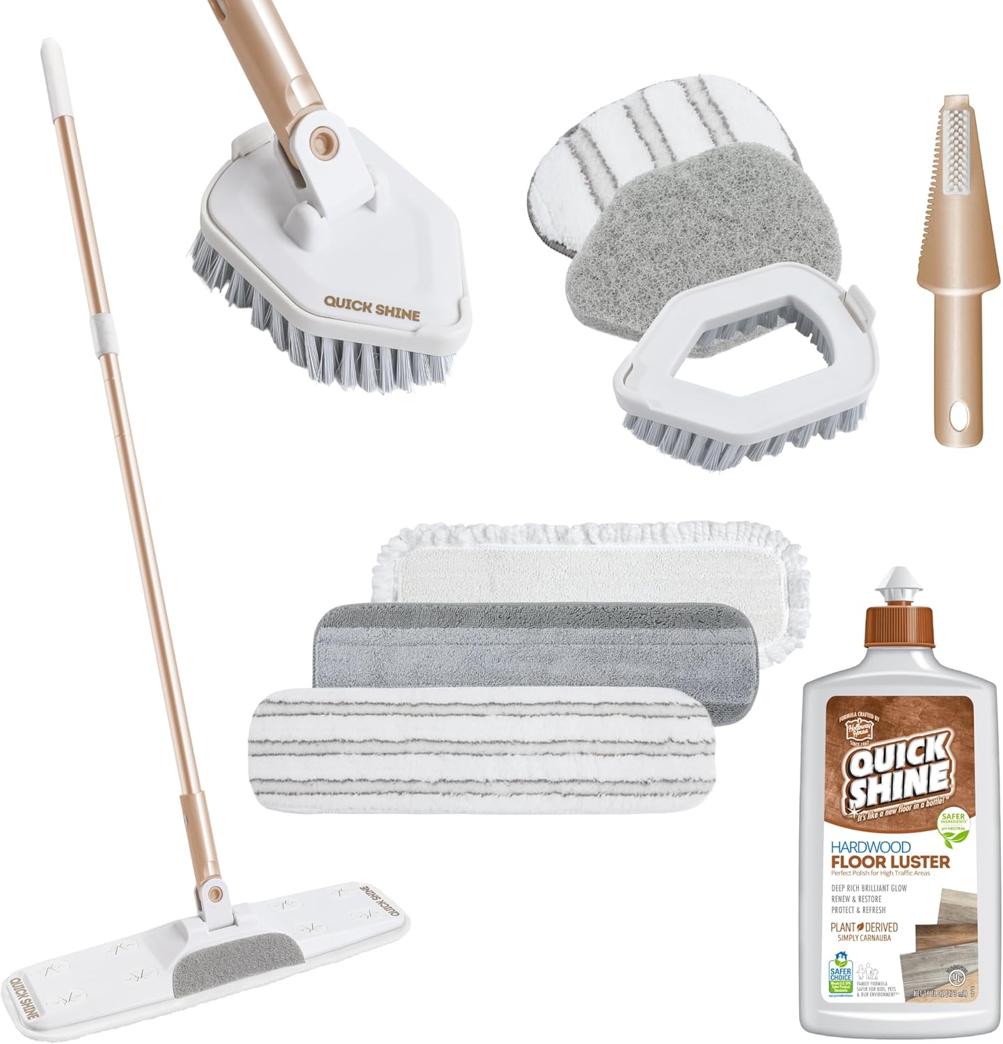 Quick Shine Ultimate Gold Clean + Polish Mop Kit | All-in-One 10 Pc Kit w/Interchangeable Attachments | Floor Polish Included | No Batteries Needed | Pro Cleaning for Hardwood Floors | 2-in-1 Mop