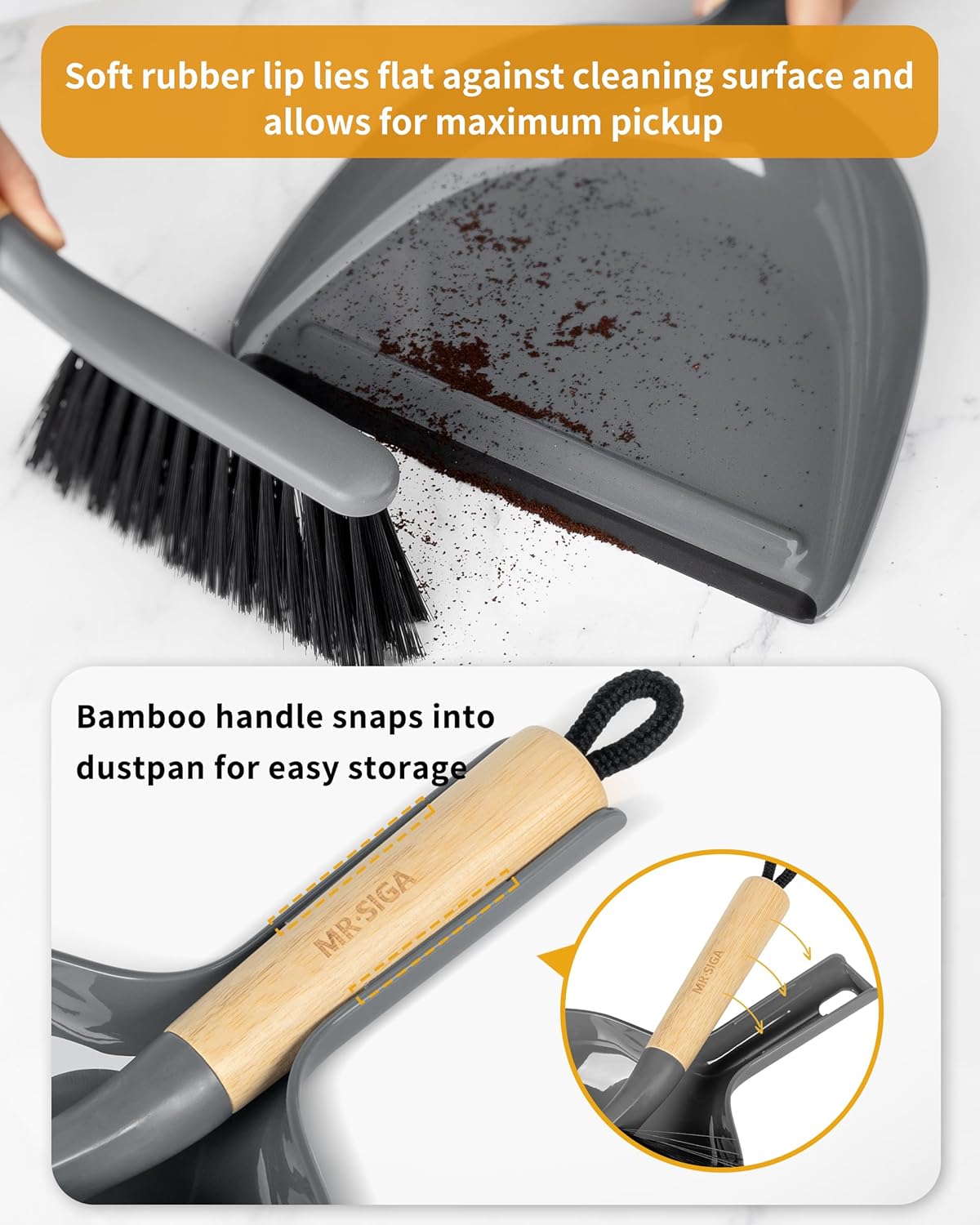 MR.SIGA Dustpan and Brush Set, Portable Cleaning Brush and Dustpan Combo with Bamboo Handle, Gray, 1 Set