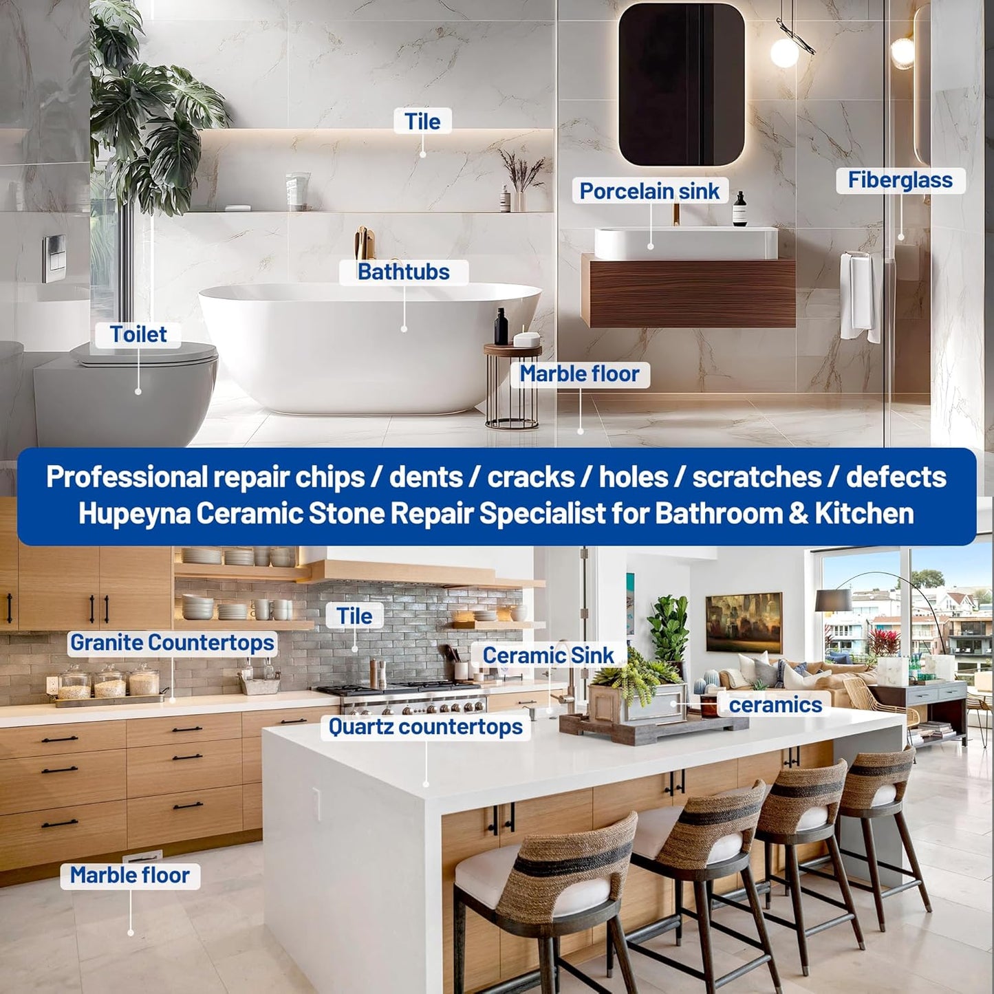 Fiberglass Repair Kit, Bathtub Repair Kit for Tile, Acrylic, Ceramic, Enamel, Kitchen Bathroom Fix Chips Cracks Scratches Rust Holes on Porcelain Sink, Tub, Toilet, Shower Tray, Granite, Marble, Deck