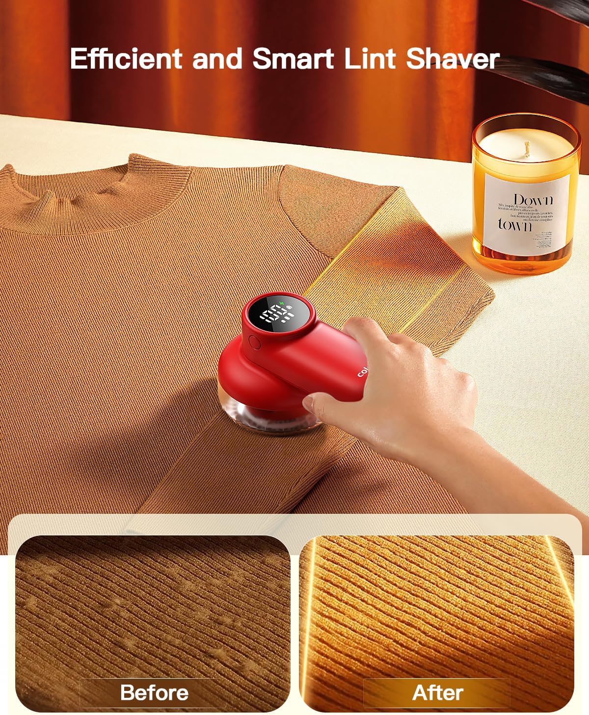coldSky Rechargeable Fabric Shaver, Lint Shaver with Digital Display, Sweater Shaver with 6-Leaf Blades and Safety Lock, 3-Speeds Defuzzer Remove Fuzz, Pills from Clothes, Furniture, Sofa, Blanket Red