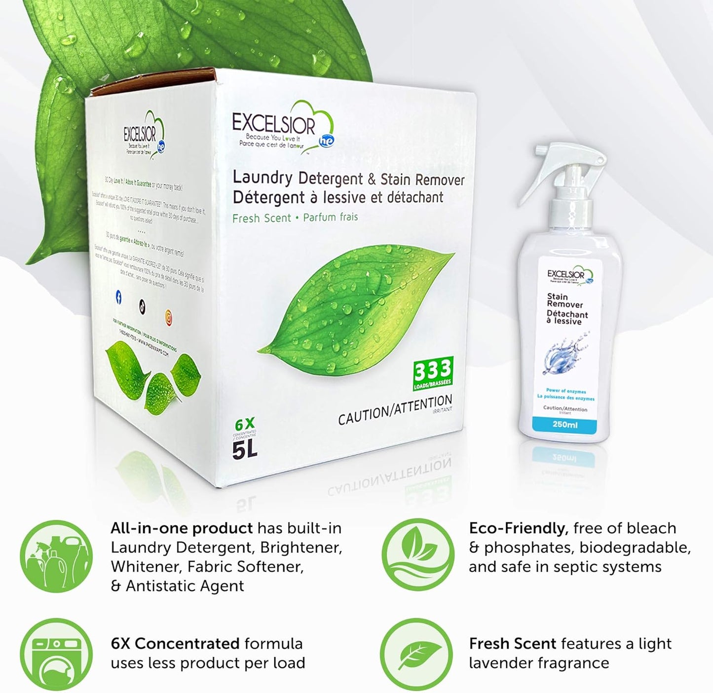 Excelsior (Because You Love It) HE Concentrated Liquid Laundry Detergent with Stain Remover, Removes 333 Loads for Cleaning Clothes, Phosphate-Free, Solvent-Free, Fresh Scent, 5L (1 Pack - New Look)…