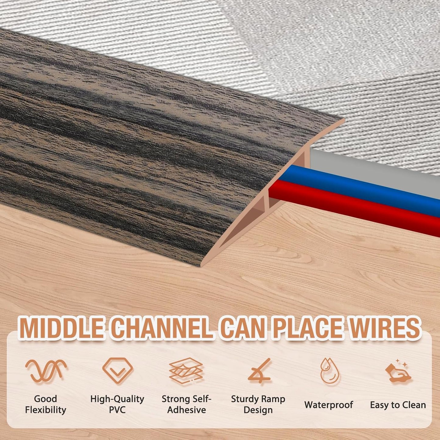 Floor Transition Strip Self Adhesive Vinyl Door Threshold for Doorways Carpet Edging Trim Overlap Edge Reducer for Laminate Floor, Carpet, Tile (Smoked Brown Wood Grain, 3/5" to 4/5", 3.3Ft)