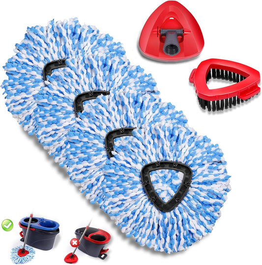 4 Pcs Mop Replace Heads & 1 Scrub Brush & 1 Base Combo for Ocedar Easywring 2-Tank System Microfiber Spin Mop Replacement Head,Machine Washable for Bathroom,Kitchen,Tub and Tile(Blue)