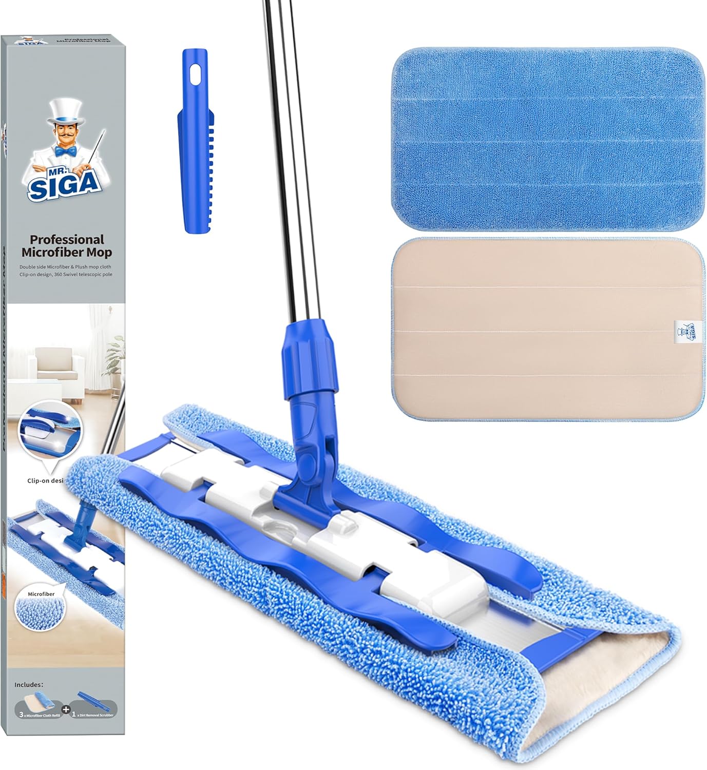 MR.SIGA Professional Microfiber Mop for Hardwood, Laminate, Tile Floor Cleaning, Stainless Steel Telescopic Handle - 3 Reusable Flat Mop Refills and 1 Dirt Removal Scrubber Included