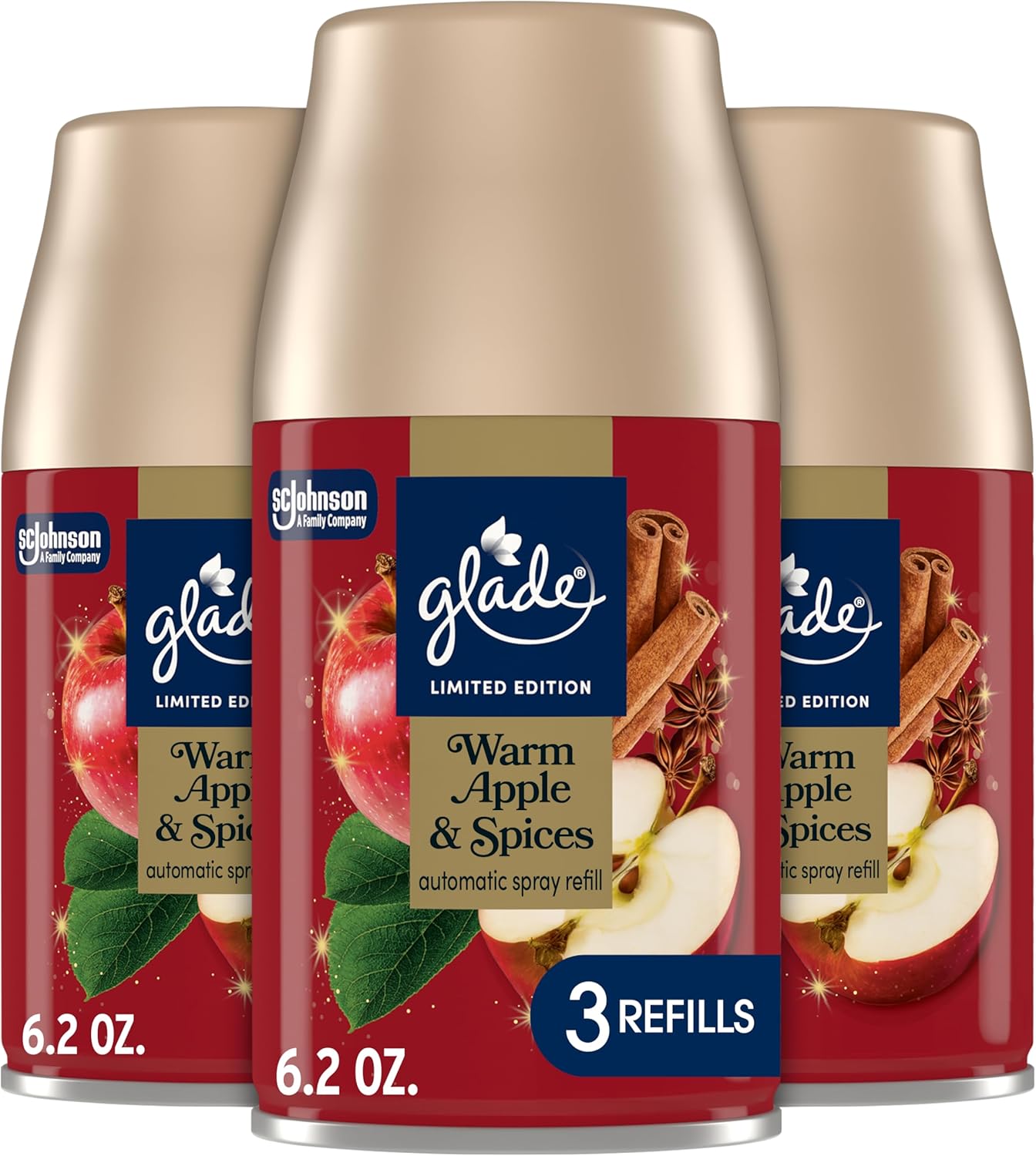 Glade Automatic Spray Refill, Warm Apple & Spices, Scented Air Freshener for Home and Bathroom, 6.2 Oz, 3 Count
