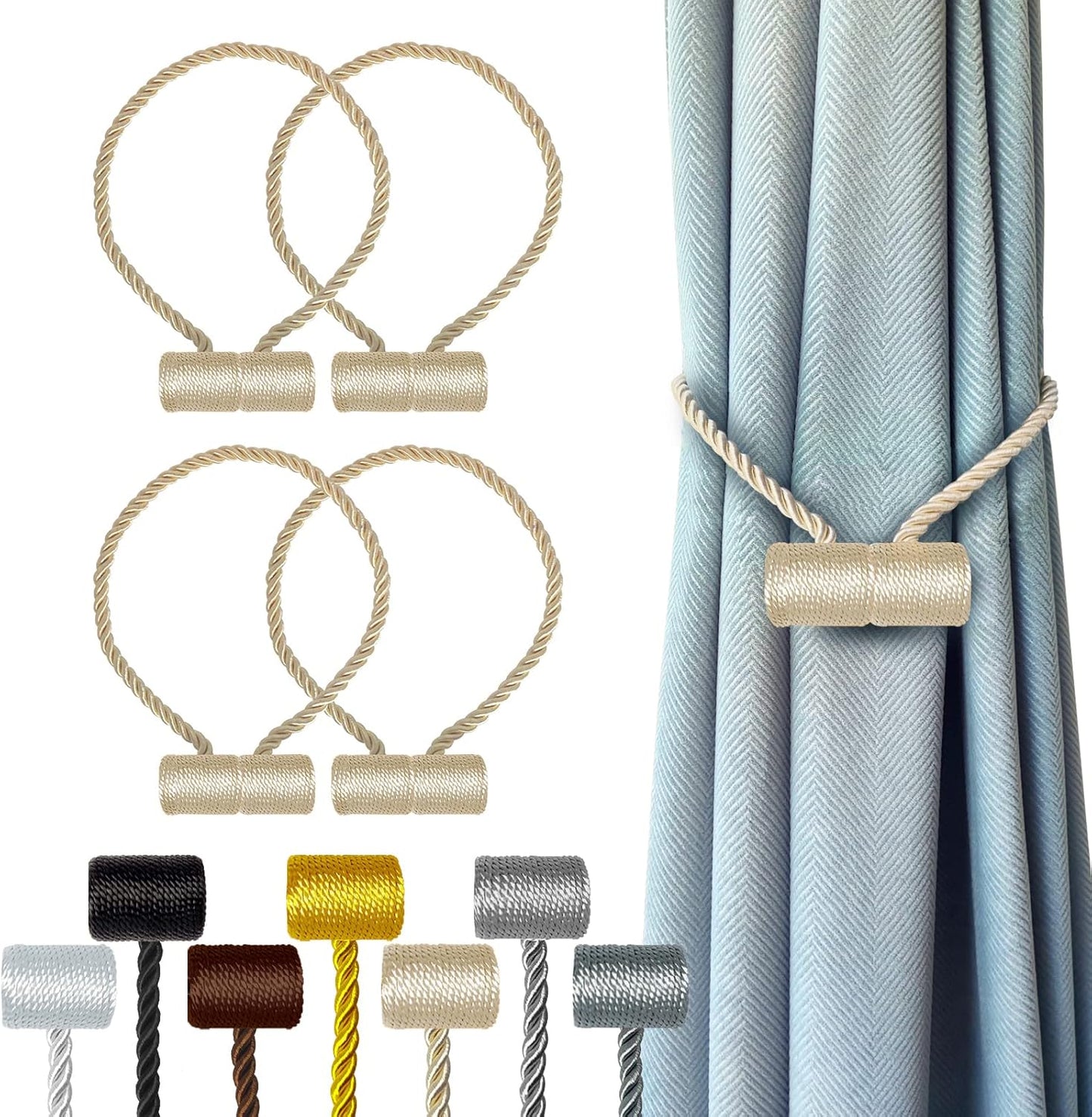 Hion Magnetic Curtain Tiebacks Beige 4 Pack, Curtain Tiebacks Buckles Holdbacks Holders Hooks Clip for Home Bedroom Office