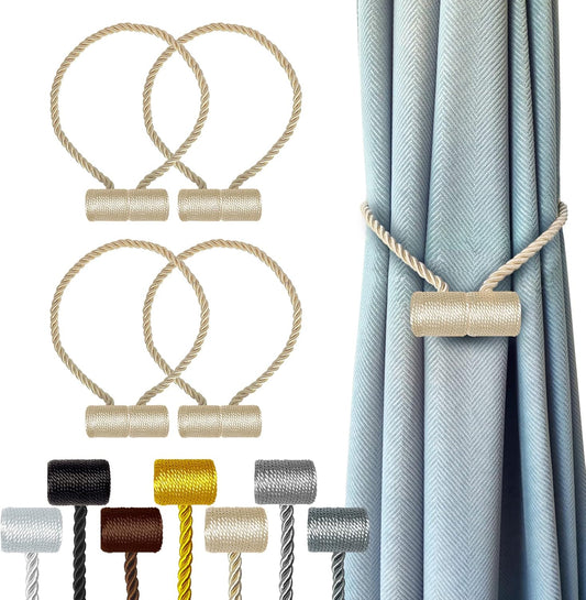 Hion Magnetic Curtain Tiebacks Beige 4 Pack, Curtain Tiebacks Buckles Holdbacks Holders Hooks Clip for Home Bedroom Office