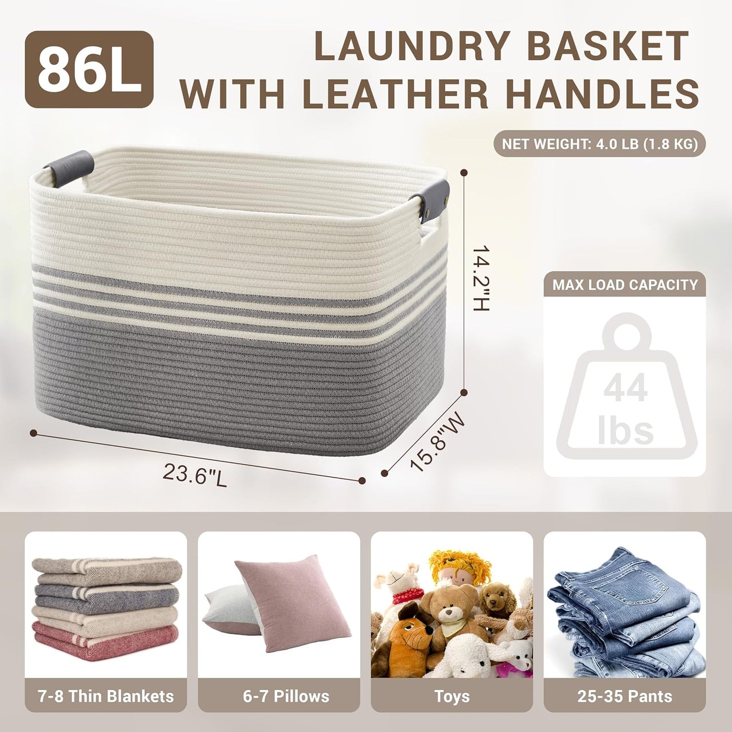 86L Extra Large Laundry Basket with Leather Handles for Living Room Storage, Woven Rope Baskets for Blanket, Kids Toy, Gifts, Wicker Hamper for Bedroom Dirty Clothes, 24"x16"x14" White Grey