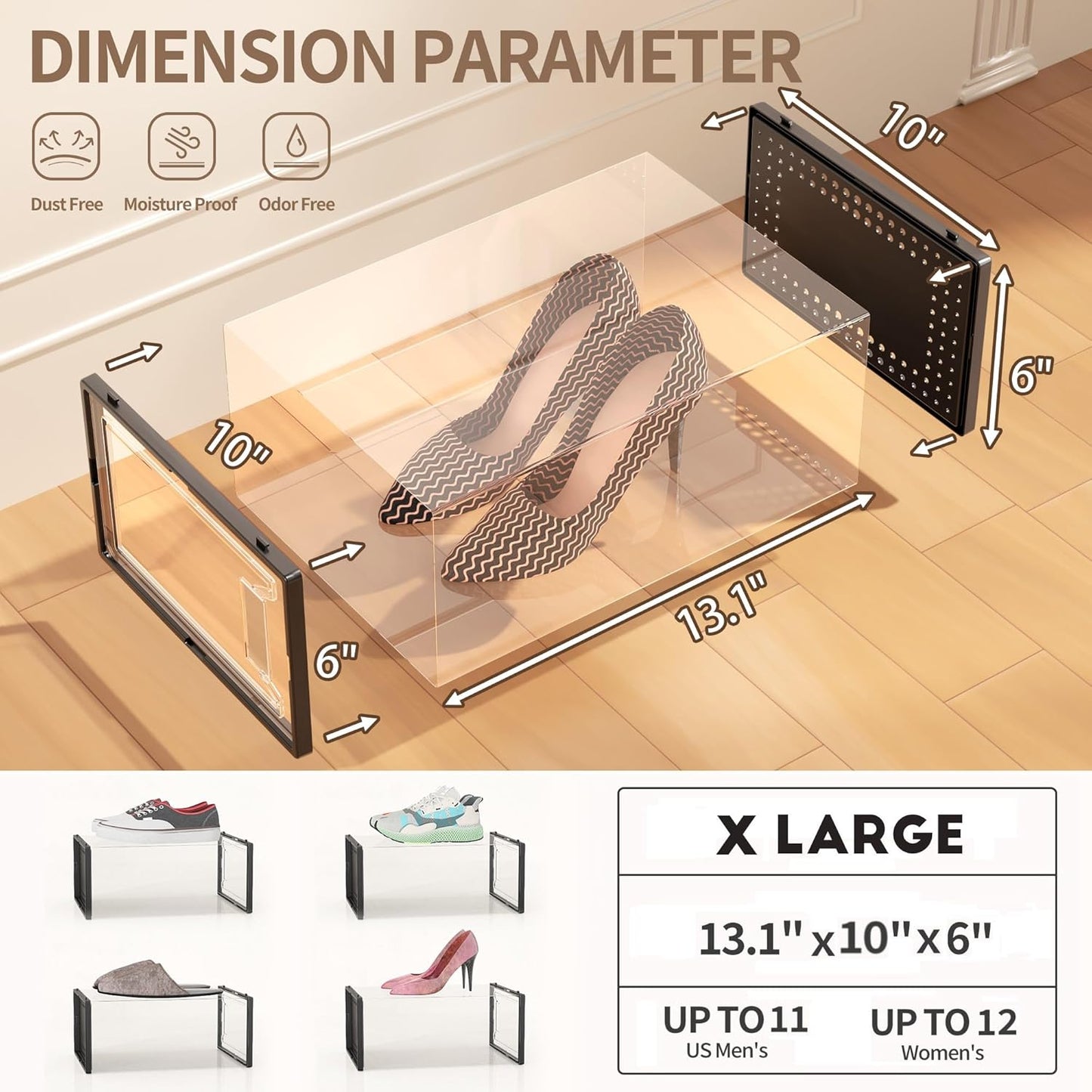 12 Pack X Large Shoe Storage Organizer for Closet, Modular Space Saving Shoe Boxes Clear Plastic Stackable Containers Display Case Bins with Lids, Black