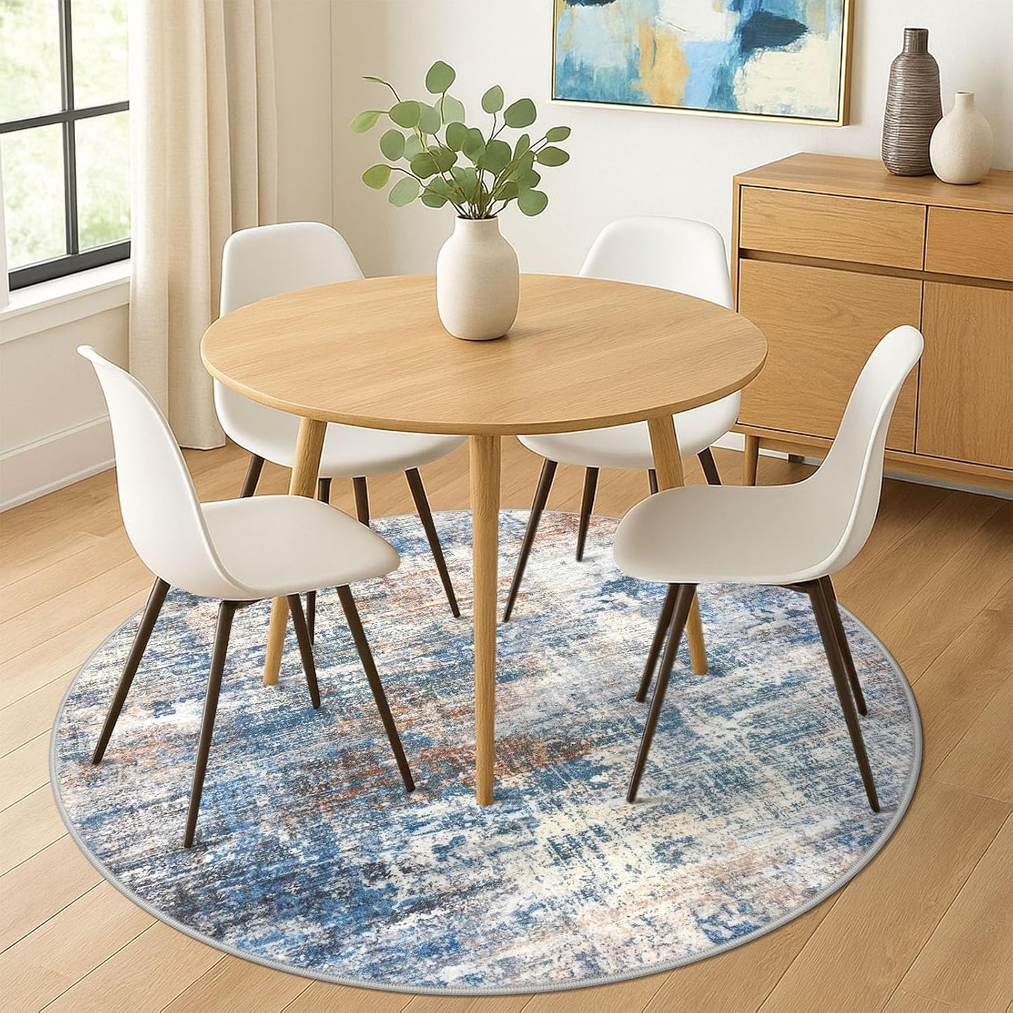IOHOUZE Abstract Round Area Rug 6 Ft Washable Circle Rugs Large Round Rug Non Slip Thin Soft Circle Rugs, Printed Faux Wool Floor Carpet for Bedroom Living Room Dining Room Nursery, Blue Rust