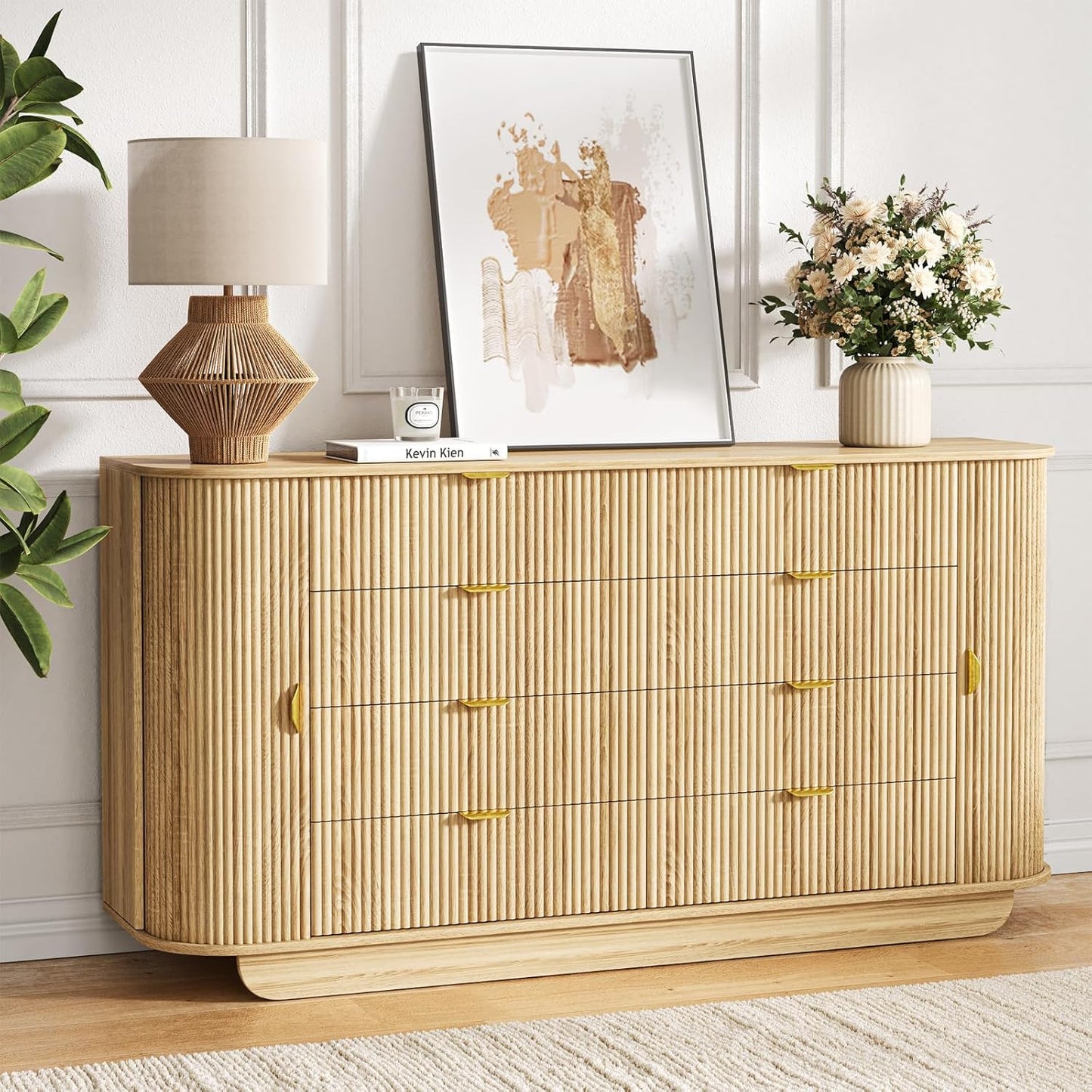 63" Tambour Dresser for Bedroom with 8 Drawers, Modern Chest of Drawers with Sliding Doors & 4 Shelves, Fluted Dresser Storage Organizer for Bedroom, Closet, Living Room(Natural)