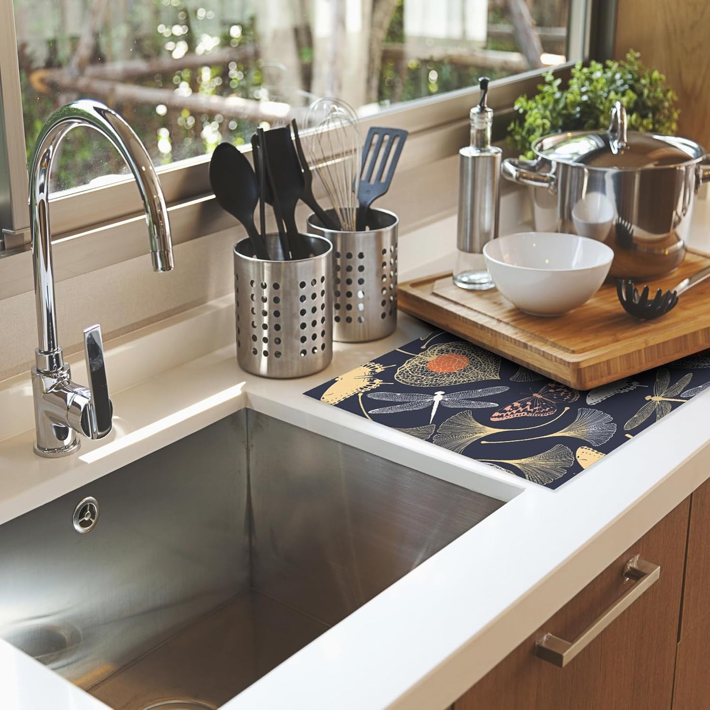 Ginkgo Leaves Dish Drying Rack Mat for Kitchen Counter,Dragonfly Butterfly Dish Drying Pad Absorbent Reversible Microfiber Protector for Coffee Bar Sink Countertops 18x24 Inch