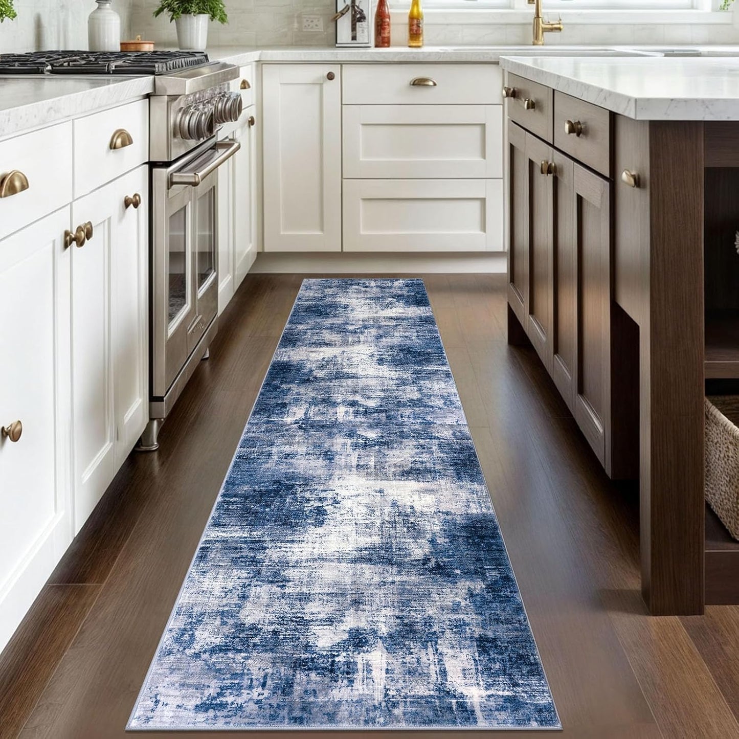 IOHOUZE Abstract Runner Rug 2x8 Ft Washable Runners for Hallways, Non Slip Kitchen Runner Printed Faux Wool Entryway Runner Indoor, Modern Abstract Floor Carpet for Hall Kitchen Bedroom, Navy/Grey