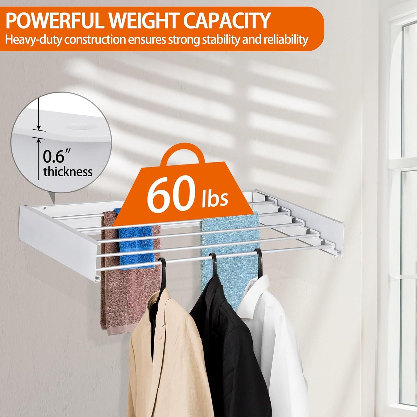 FOCHIER F Laundry Drying Rack Wall Mounted Clothes Drying Rack Collapsible with 4 Aluminum Rods and Drilling Template Long Screwdriver Bit 60 lbs Capacity (White, 40")