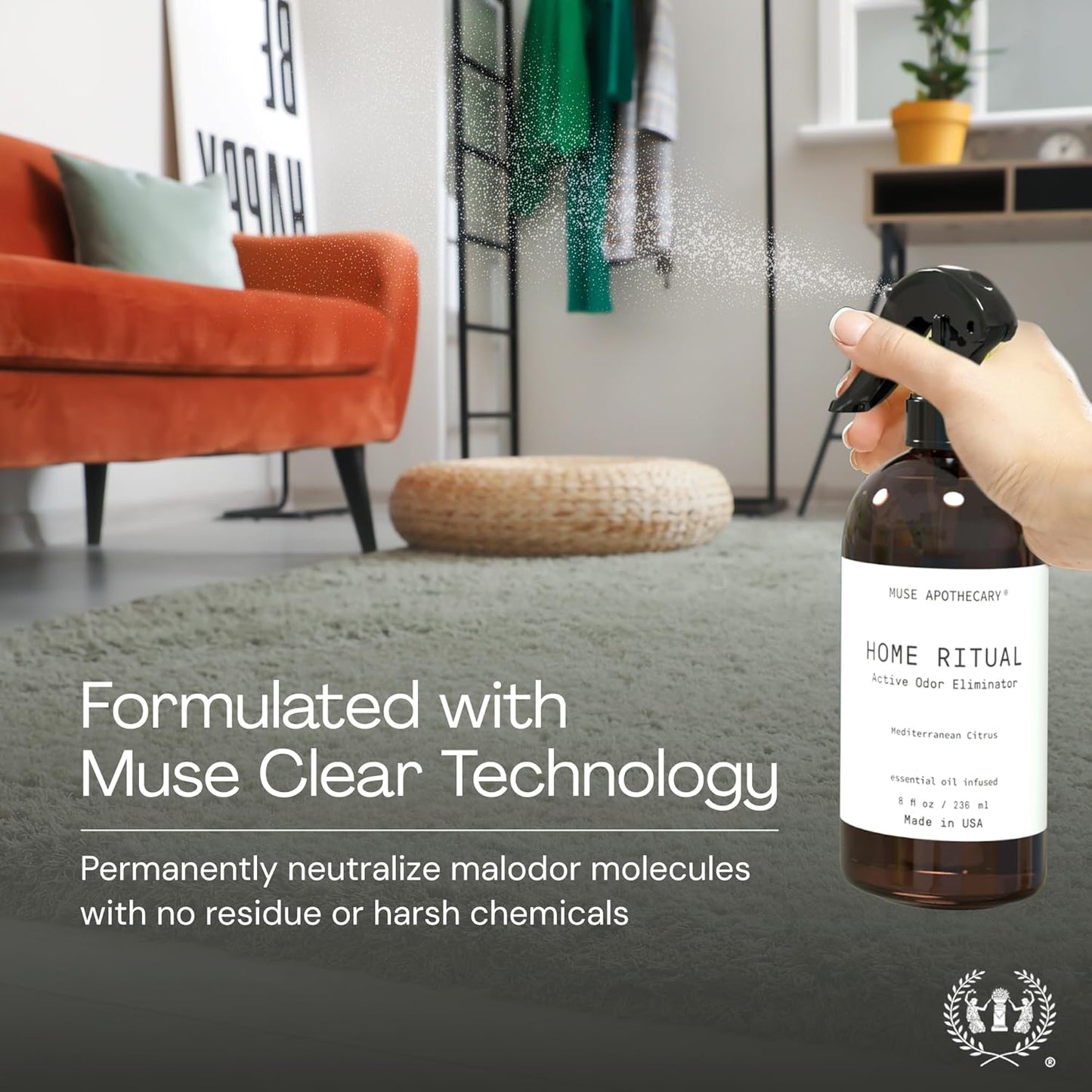 Muse Apothecary Home Ritual Active Odor Eliminator Spray - Furniture Deodorizer Spray & Bathroom Odor Eliminator for Home - Essential Oil Air Freshener - 4oz, Lavender Fields