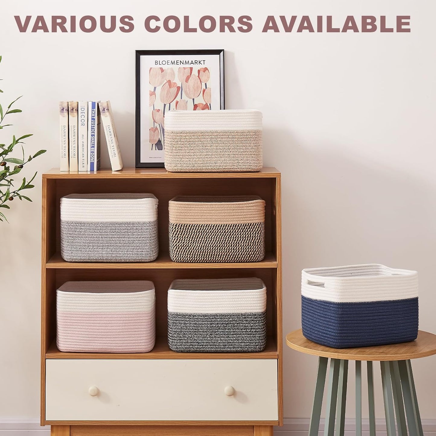 OIAHOMY 4 Pack Storage Baskets for Organizing, Basket for Shelves with Handle, Woven Baskets for Storage Toys, Towels, Books, Cotton Rope Basket 13" L x 9 " W x 7.8 " H, Blue & White