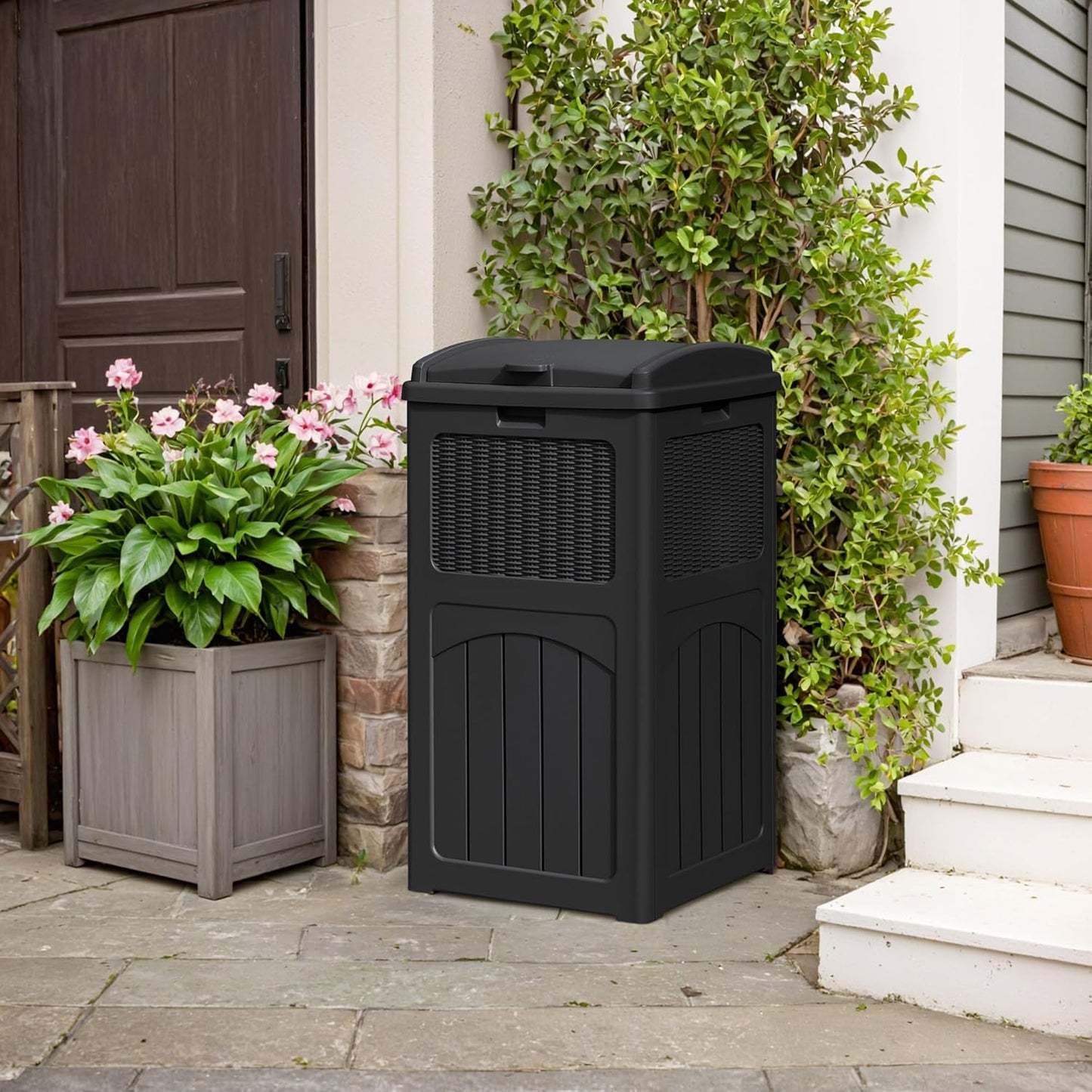 YESHOMY 33 Gallon Resin Outdoor Trash Can with Lid, Hideaway Waterproof Patio Garbage Bin, Black