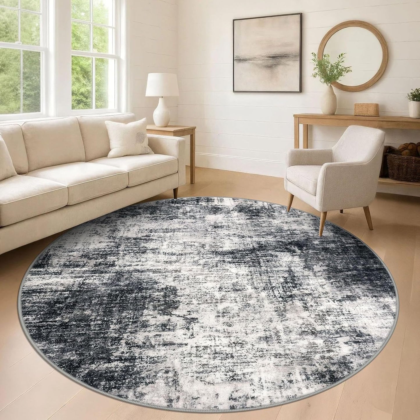 IOHOUZE Abstract Round Area Rug 8 Ft Washable Circle Rugs Large Round Rug Non Slip Thin Soft Circle Rugs, Printed Faux Wool Floor Carpet for Bedroom Living Room Dining Room Nursery, Black Grey