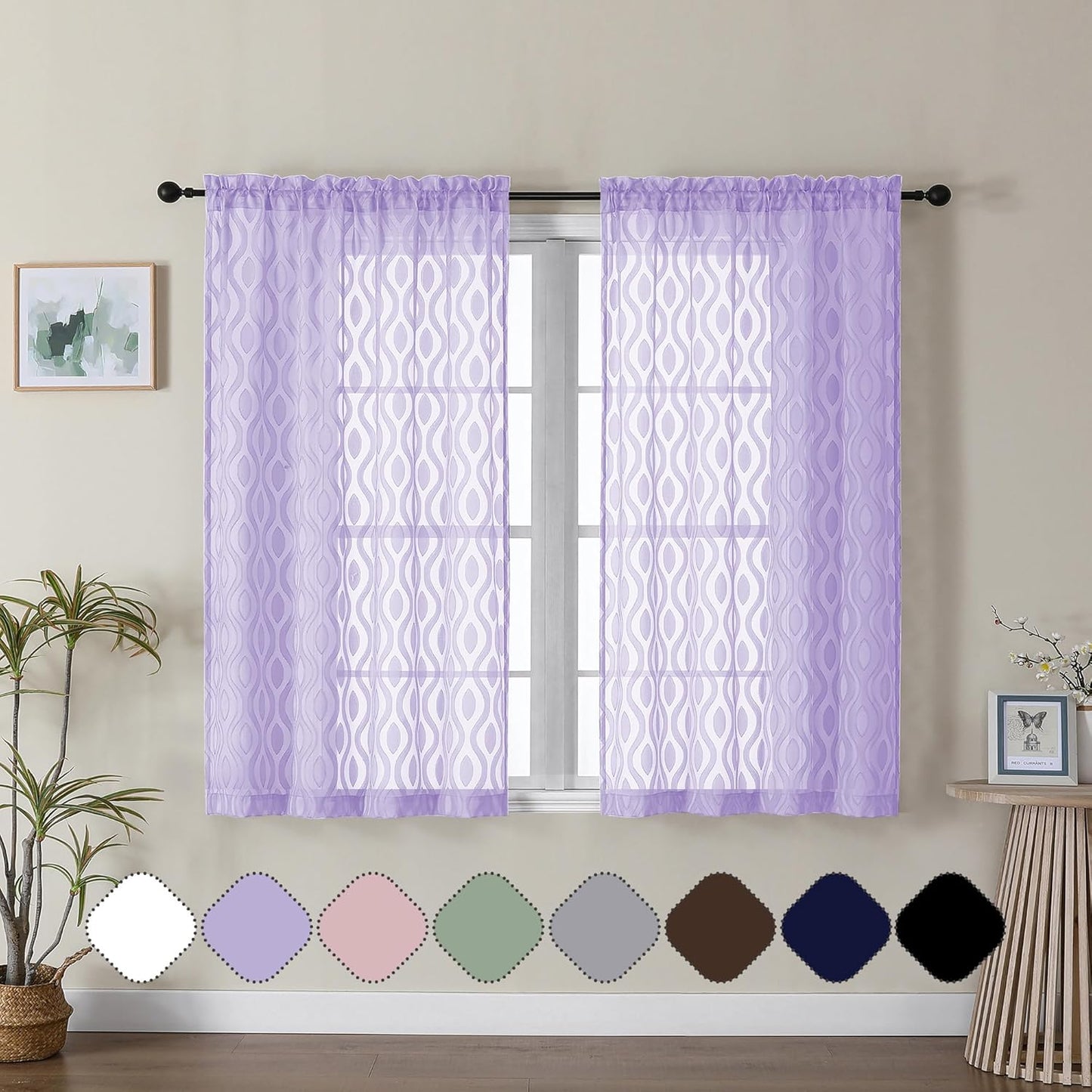 Aiyufeng Sheer Curtains 45 Inch Length 2 Panels, Farmhouse Soft Airy Lightweight Clip Jacquard Textured Curtains, Chic Wavy Line Window Curtains for Bedroom Living Room, Light Purple, 40Wx45L Inches