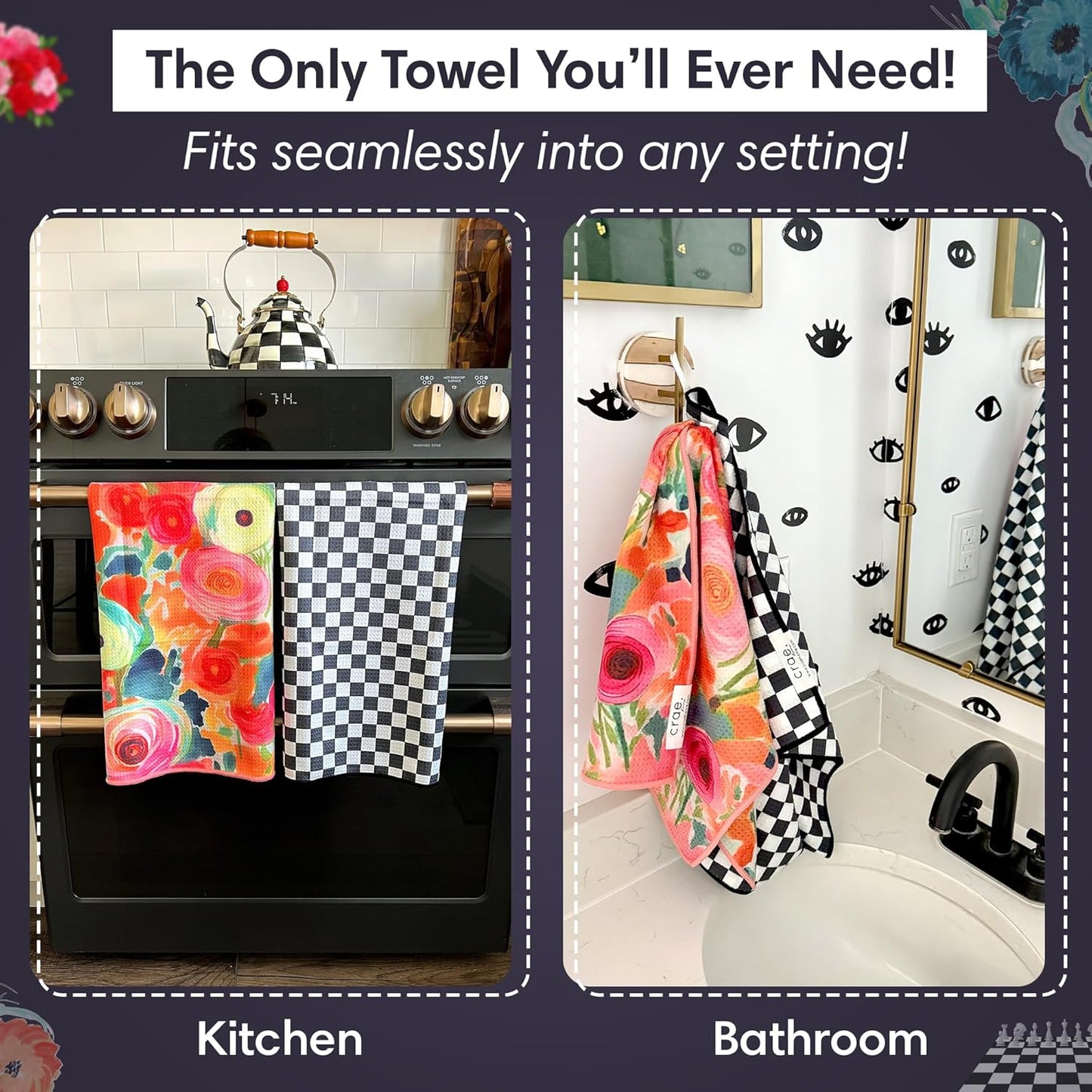 2 Double Sided Microfiber Hand Towels, 17x27 Inches Waffle Design Kitchen Towels Set, Durable & Soft Fast Drying Hand Wash Cloth and Dishcloth Perfect for Everyday (Pia & Fonnie - Black/Pink)