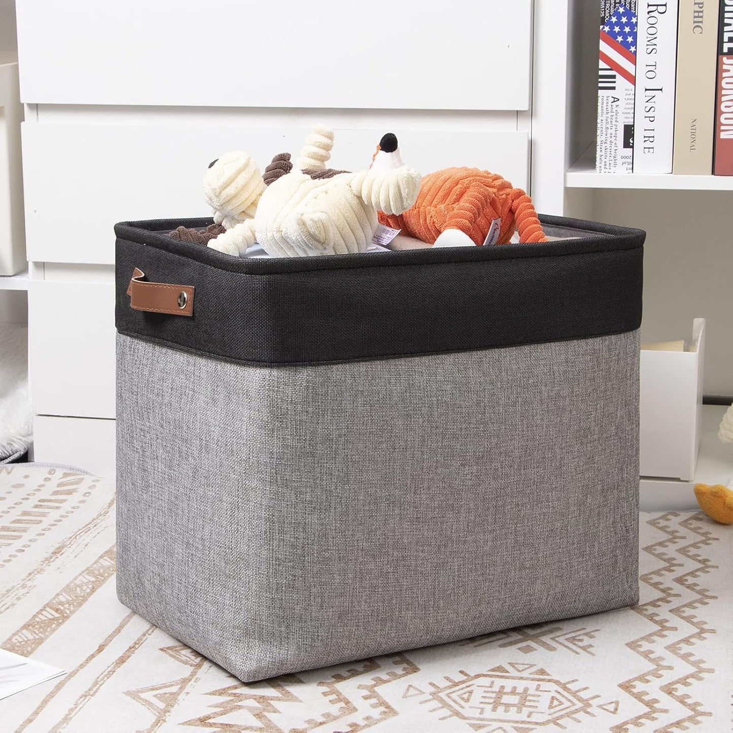 DULLEMELO Large Collapsible Storage Basket/Bin with Sturdy Leather Handles, Fabric Organizer Bin for Storage Clothes, Toys, Books, Office, Bedroom, Closet, Nursery & Laundry (Black&Gray)