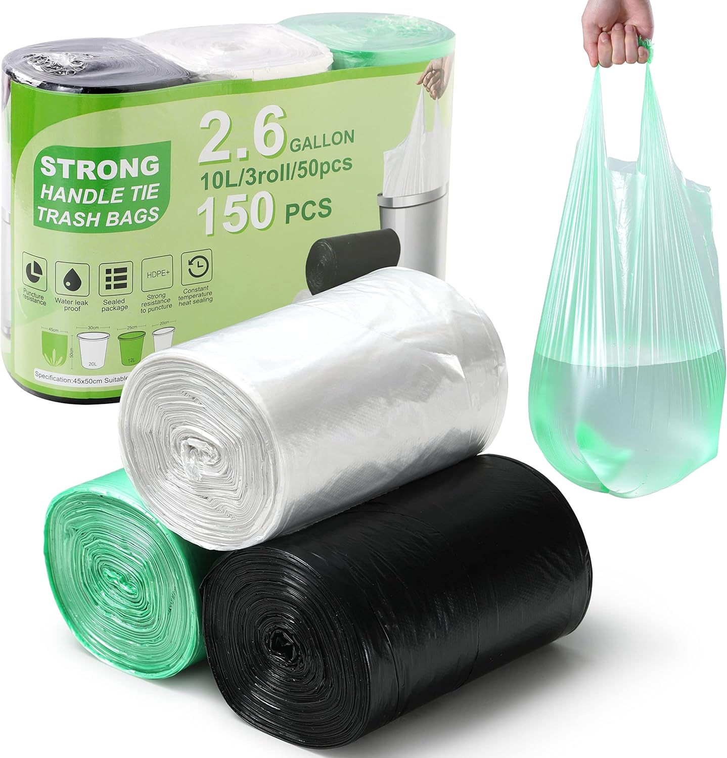 2.6 Gallon Trash Bag 150 Count, Unscented Strong Handle Tie Garbage Bags Fit 10 Litter Trash Can, Three Colors for Kitchen, Bathroom, Bedroom, Office (Green, White, Black)