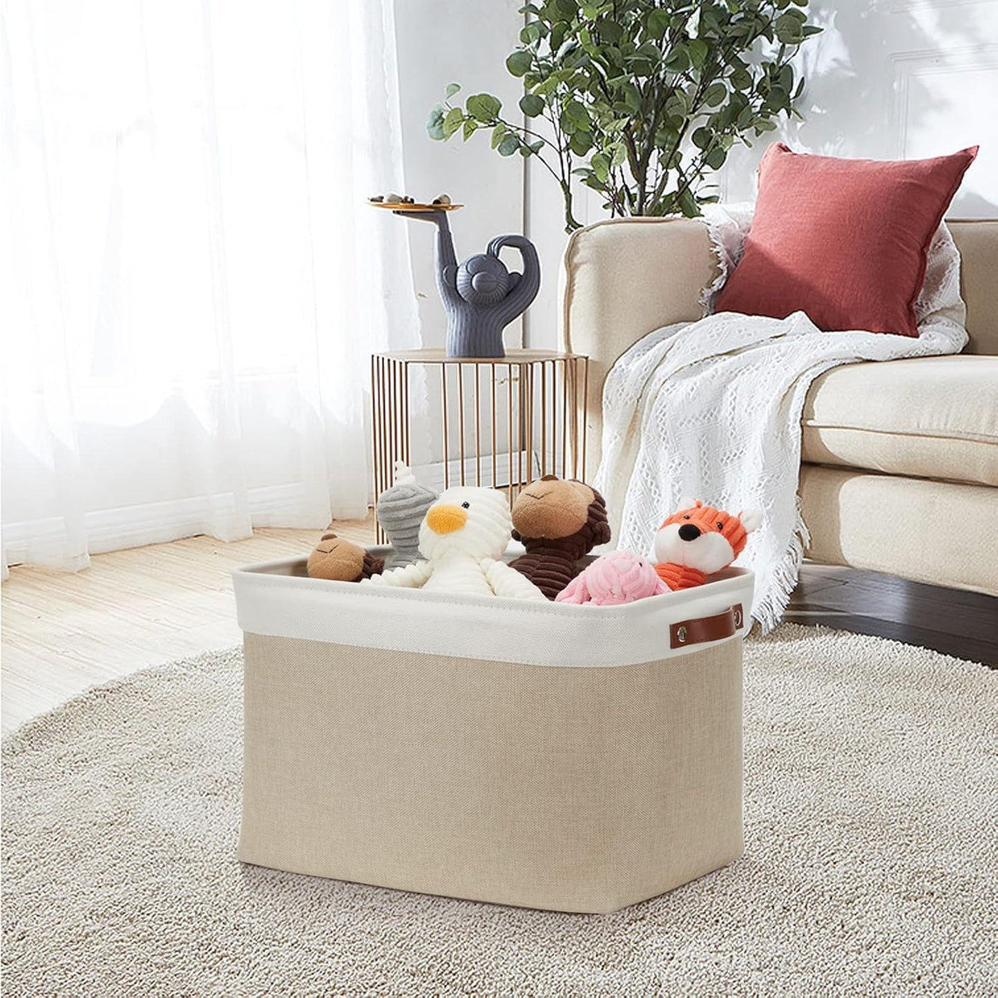 DULLEMELO Storage Baskets Large 16"x12"x12" Tall Rectangular Baskets Fabric Storage Bins for Organizing [1 Pack] Collapsible Linen Shelf Baskets for Clothes, Toys, Closet, Laundry (White&Khaki)