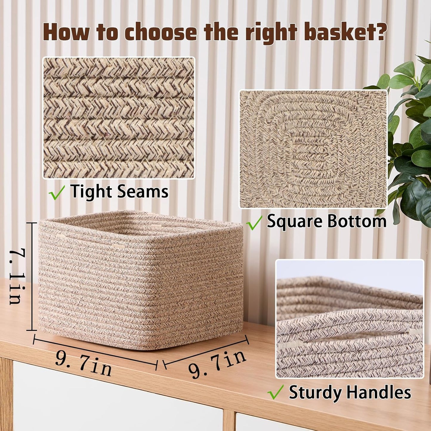 Small Organizing Baskets for Cubes Shelf, 9.7x9.7x7.1 Inch Rope Woven Storage Bins for Nursery Shelves Storage, Cute Toy Basket, Square 3 Packs Mixed Brown