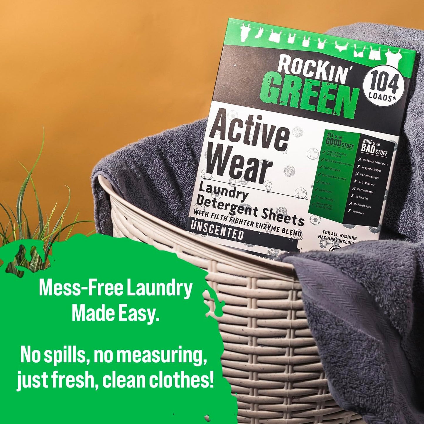 Rockin' Green Active Wear Travel Laundry Detergent Sheets Unscented - Mess-Free Laundry Sheets Detergent with Sodium Bicarbonate - Easily Dissolvable Laundry Soap for Traveling (104 Loads)