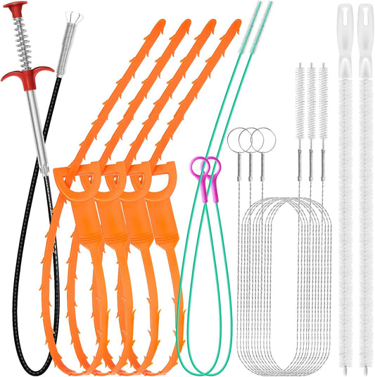 12 Pack Drain Clog Remover Kit, 59" Drain Snake(3pcs), 37" Steel Sink Snake(2pcs), 25" Snake Drain Hair Removal Tool(4pcs), 24" Drain Cleaner Tool(1pc), 18" Drain Brush(2pcs) for Sink, Toilet, Shower
